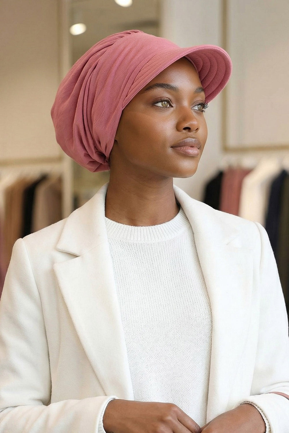 High Quality Newsboy Women Hat, Pre-Tied Turban made from High Quality Wrinkle-Resistant Aerobin Fabric, Visored Instant Turban Cover,B-73A Dark Pink