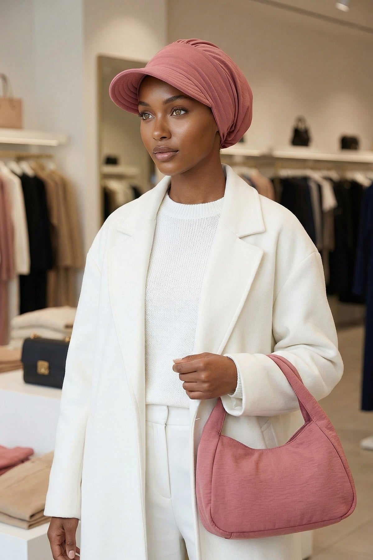 High Quality Newsboy Women Hat, Pre-Tied Turban made from High Quality Wrinkle-Resistant Aerobin Fabric, Visored Instant Turban Cover,B-73A Dark Pink