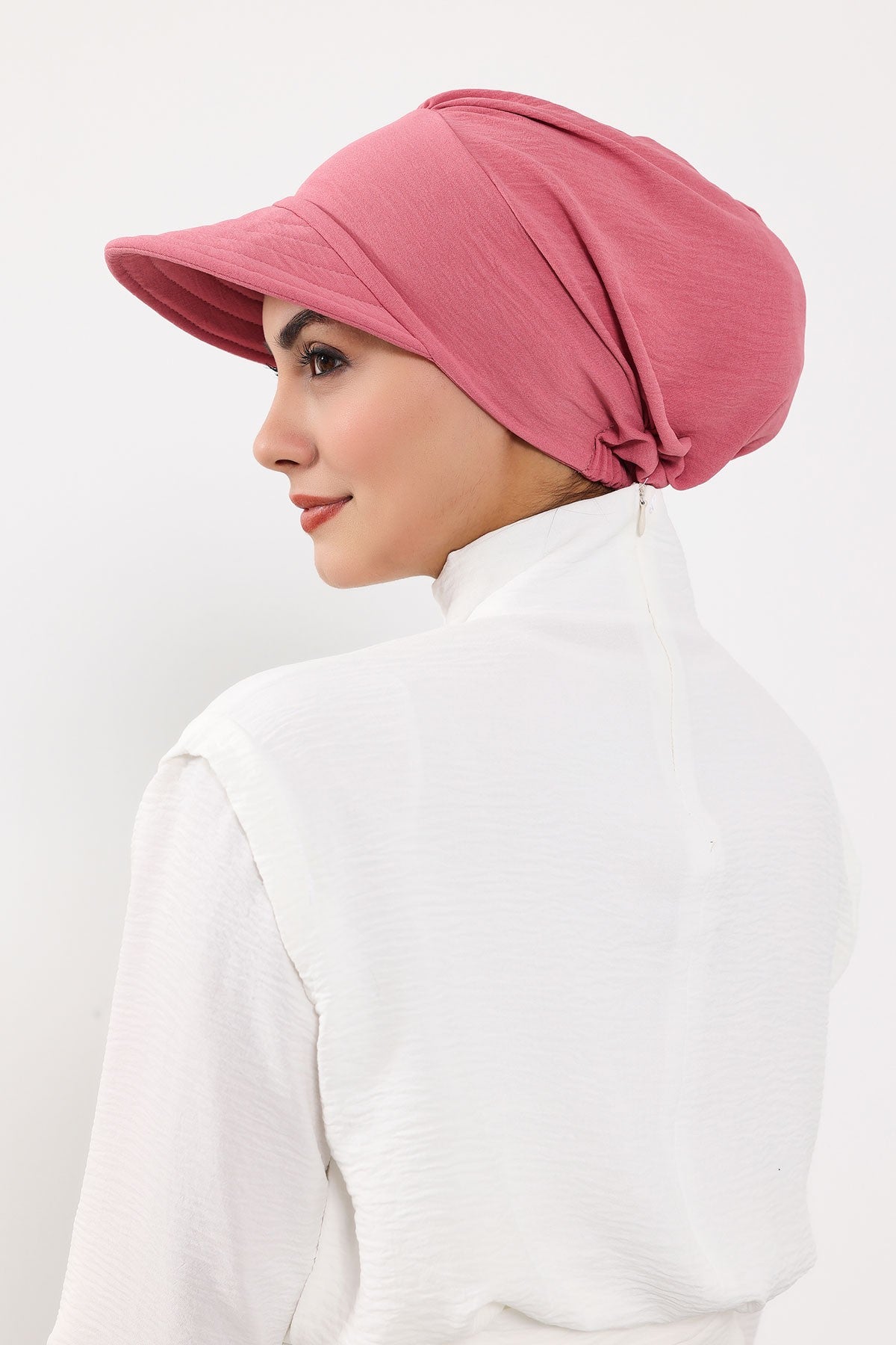 High Quality Newsboy Women Hat, Pre-Tied Turban made from High Quality Wrinkle-Resistant Aerobin Fabric, Visored Instant Turban Cover,B-73A Dark Pink