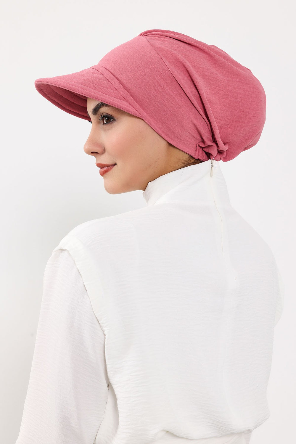 High Quality Newsboy Women Hat, Pre-Tied Turban made from High Quality Wrinkle-Resistant Aerobin Fabric, Visored Instant Turban Cover,B-73A Dark Pink