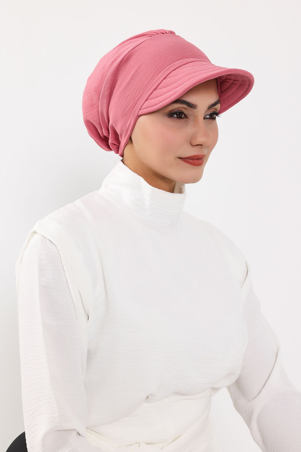 High Quality Newsboy Women Hat, Pre-Tied Turban made from High Quality Wrinkle-Resistant Aerobin Fabric, Visored Instant Turban Cover,B-73A Dark Pink