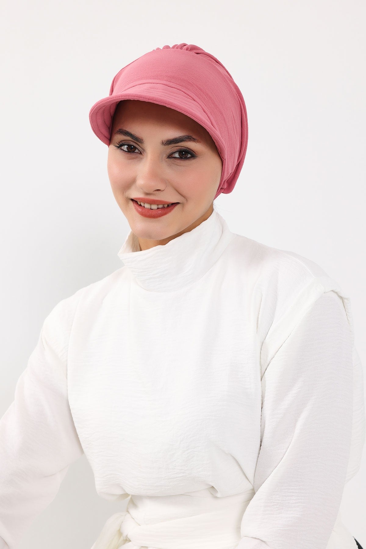 High Quality Newsboy Women Hat, Pre-Tied Turban made from High Quality Wrinkle-Resistant Aerobin Fabric, Visored Instant Turban Cover,B-73A Dark Pink