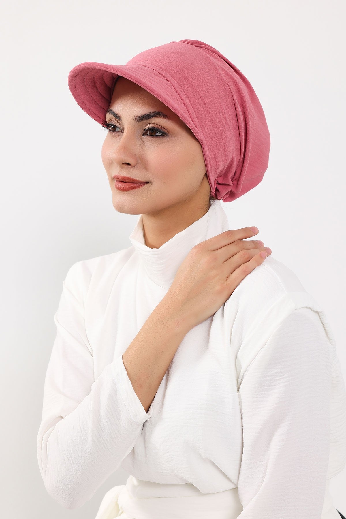 High Quality Newsboy Women Hat, Pre-Tied Turban made from High Quality Wrinkle-Resistant Aerobin Fabric, Visored Instant Turban Cover,B-73A Dark Pink