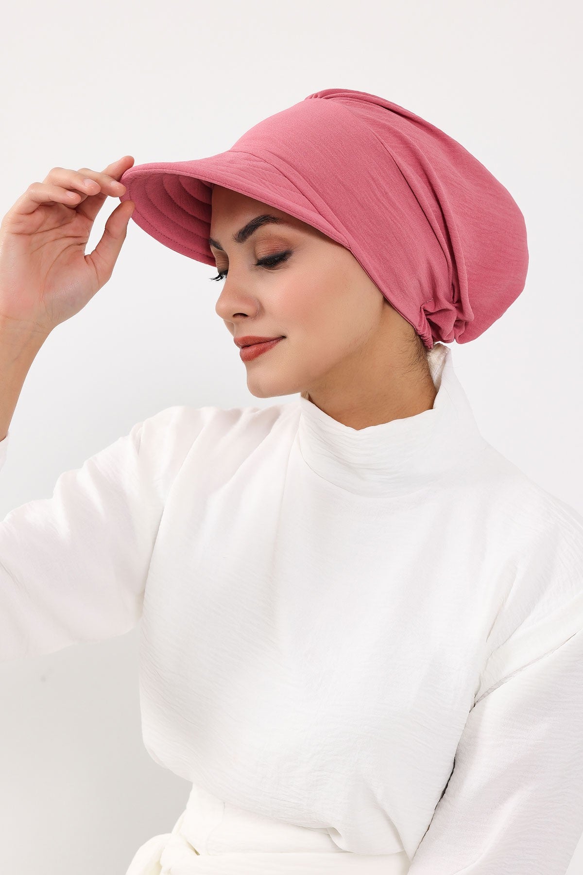 High Quality Newsboy Women Hat, Pre-Tied Turban made from High Quality Wrinkle-Resistant Aerobin Fabric, Visored Instant Turban Cover,B-73A Dark Pink