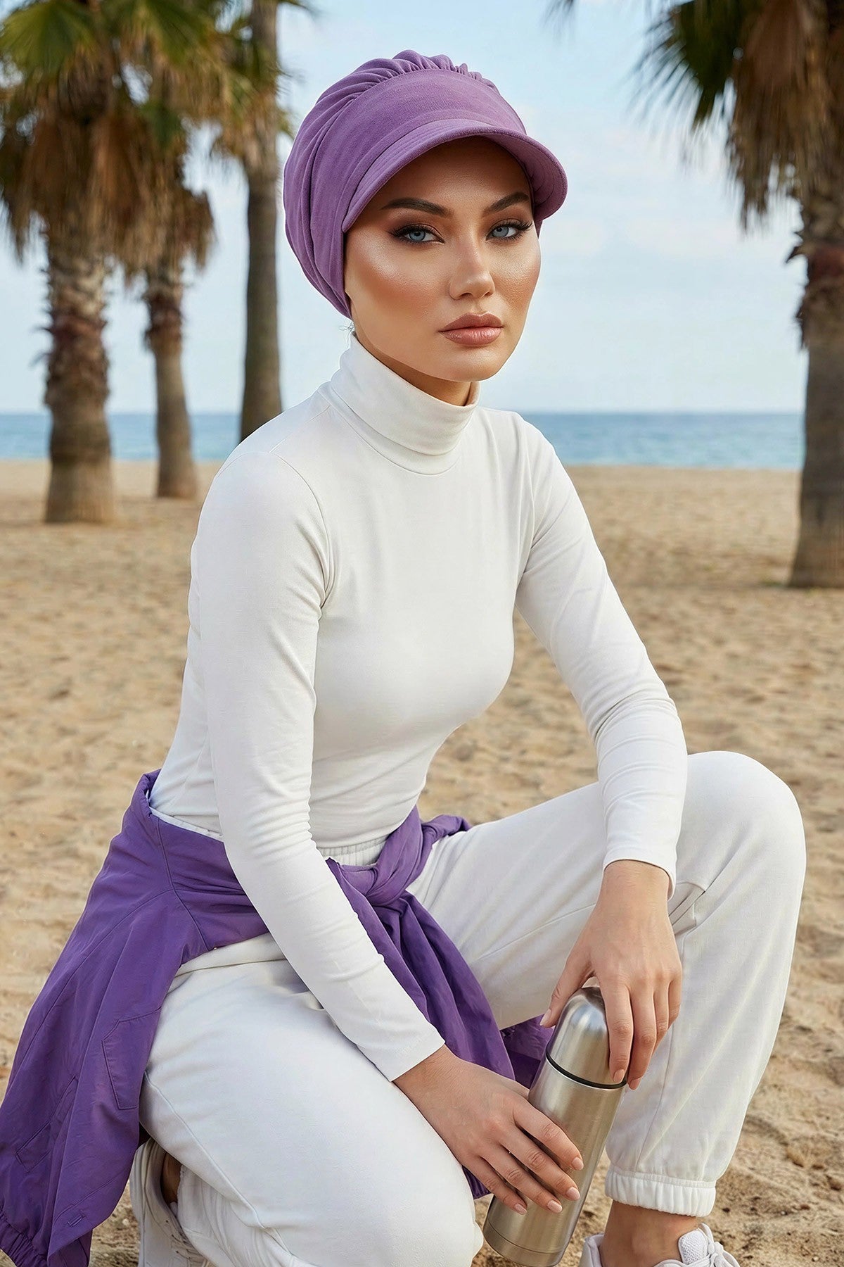 High Quality Newsboy Women Hat, Pre-Tied Turban made from High Quality Wrinkle-Resistant Aerobin Fabric, Visored Instant Turban Cover,B-73A Purple 2