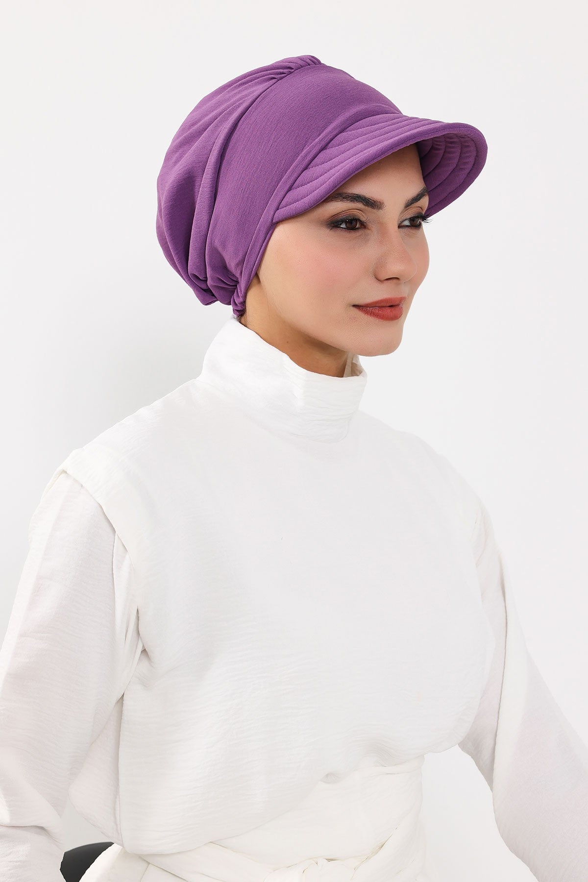 High Quality Newsboy Women Hat, Pre-Tied Turban made from High Quality Wrinkle-Resistant Aerobin Fabric, Visored Instant Turban Cover,B-73A Purple 2