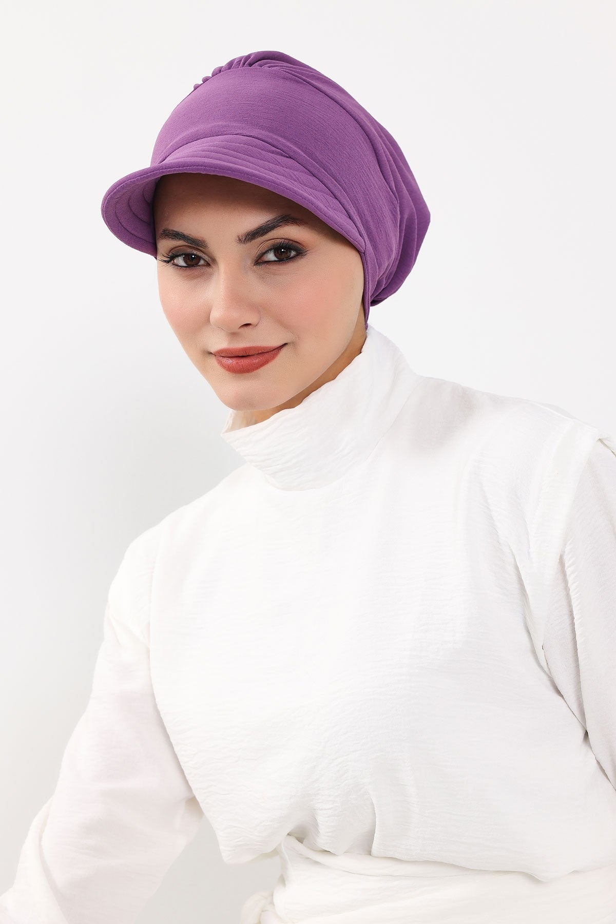High Quality Newsboy Women Hat, Pre-Tied Turban made from High Quality Wrinkle-Resistant Aerobin Fabric, Visored Instant Turban Cover,B-73A Purple 2