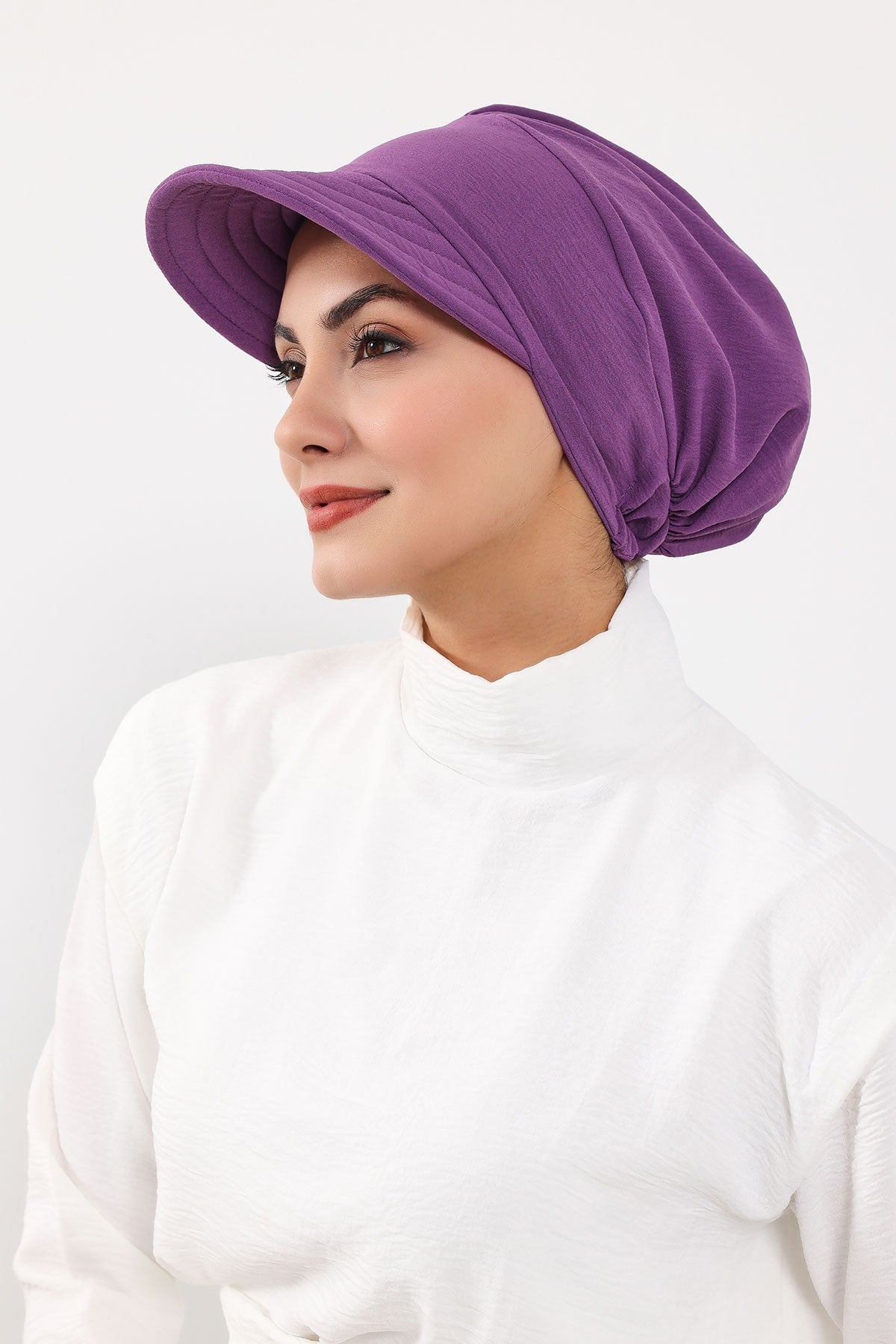 High Quality Newsboy Women Hat, Pre-Tied Turban made from High Quality Wrinkle-Resistant Aerobin Fabric, Visored Instant Turban Cover,B-73A Purple 2