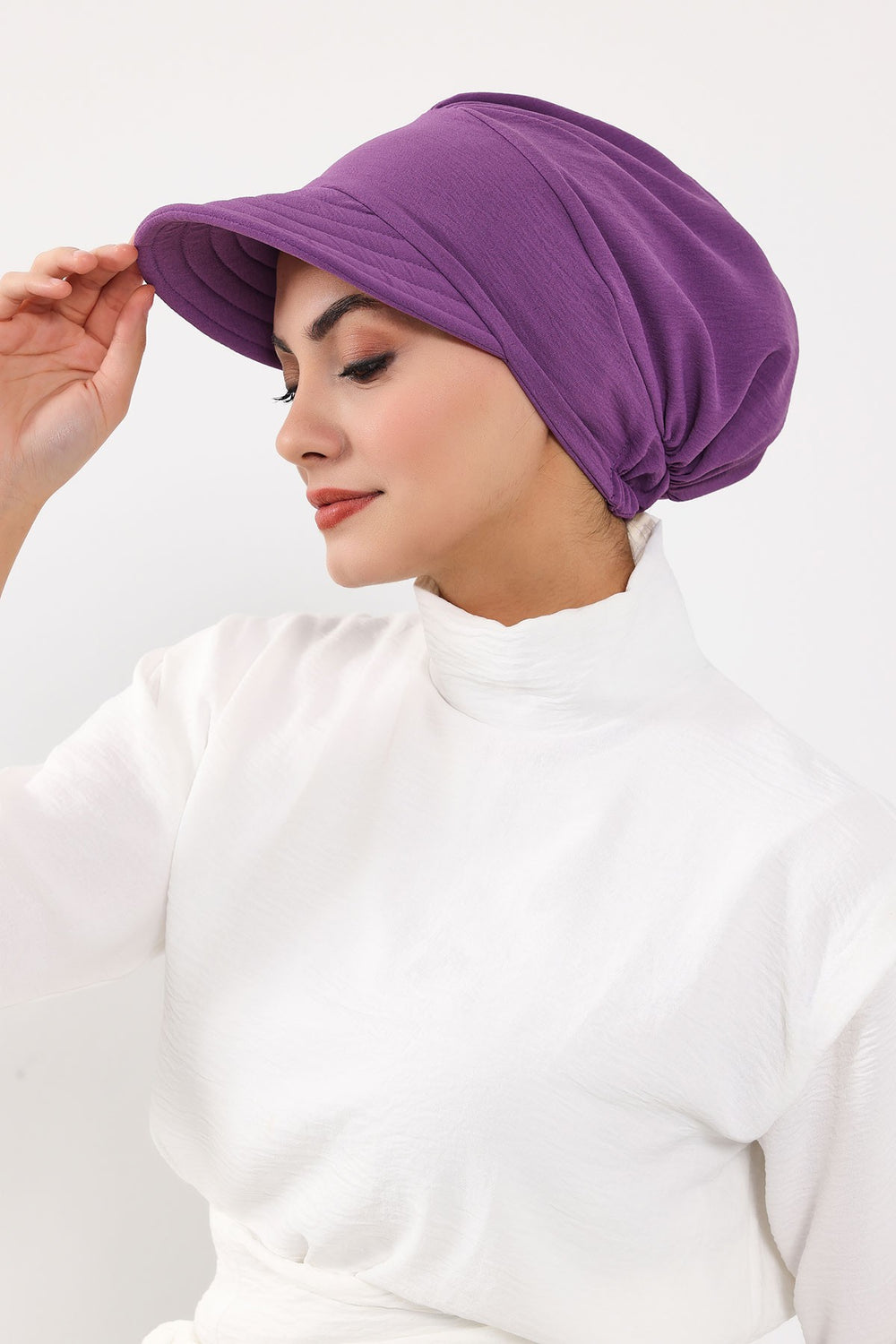 High Quality Newsboy Women Hat, Pre-Tied Turban made from High Quality Wrinkle-Resistant Aerobin Fabric, Visored Instant Turban Cover,B-73A Purple 2