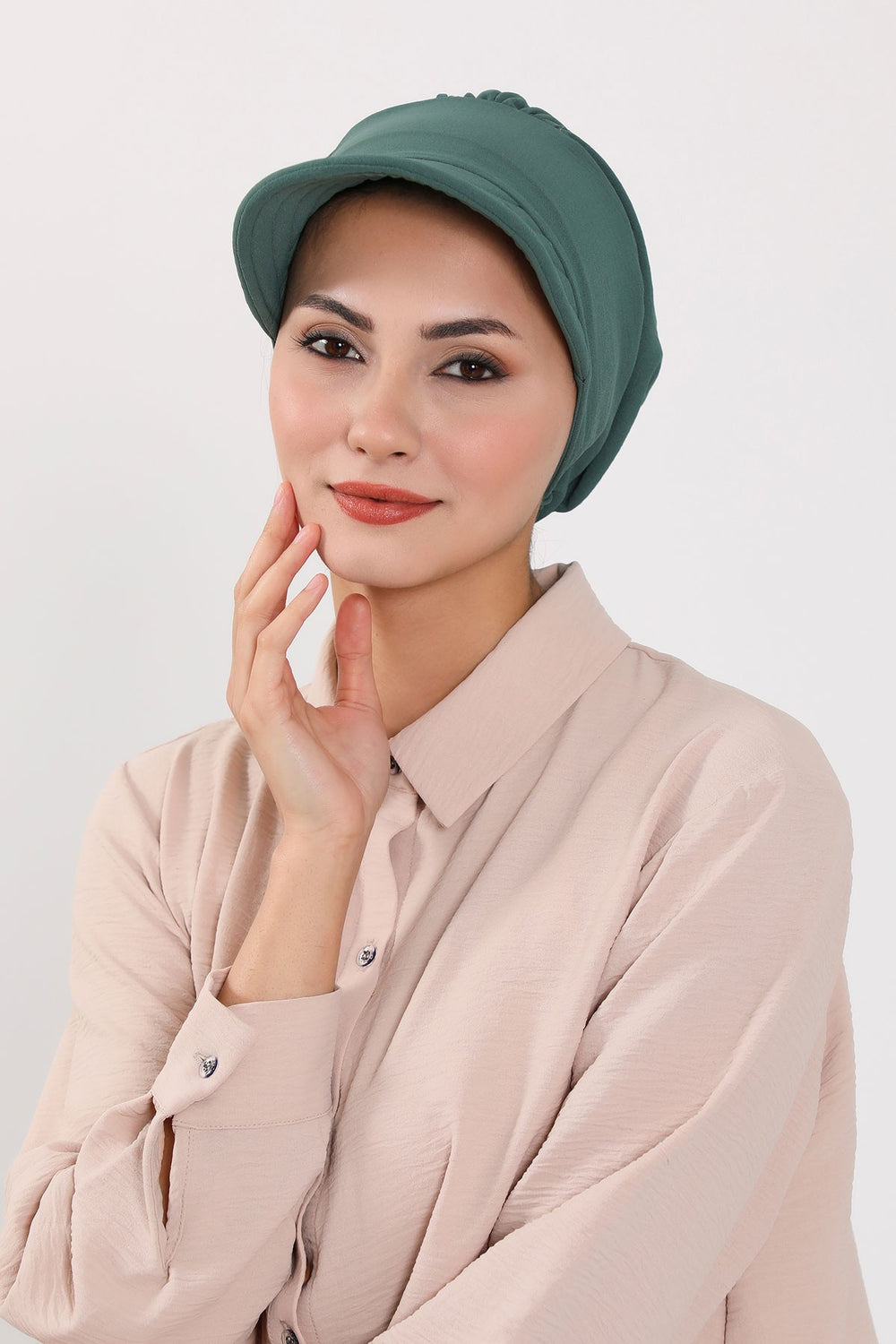 High Quality Newsboy Women Hat, Pre-Tied Turban made from High Quality Wrinkle-Resistant Aerobin Fabric, Visored Instant Turban Cover,B-73A Light Green