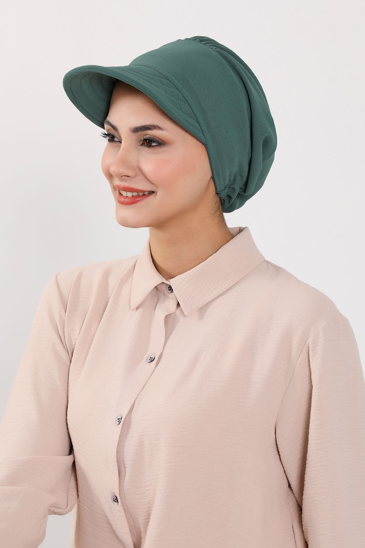 High Quality Newsboy Women Hat, Pre-Tied Turban made from High Quality Wrinkle-Resistant Aerobin Fabric, Visored Instant Turban Cover,B-73A Light Green