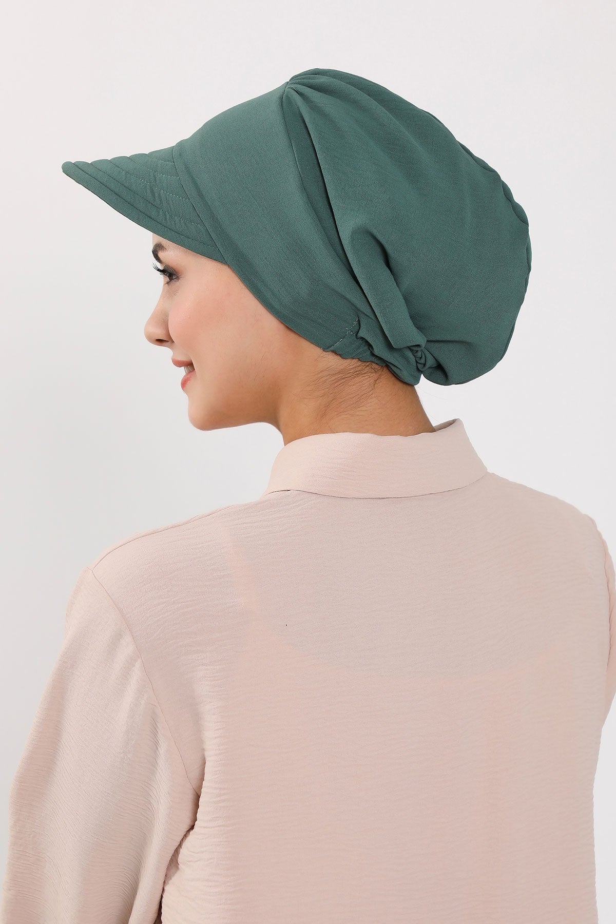 High Quality Newsboy Women Hat, Pre-Tied Turban made from High Quality Wrinkle-Resistant Aerobin Fabric, Visored Instant Turban Cover,B-73A Light Green