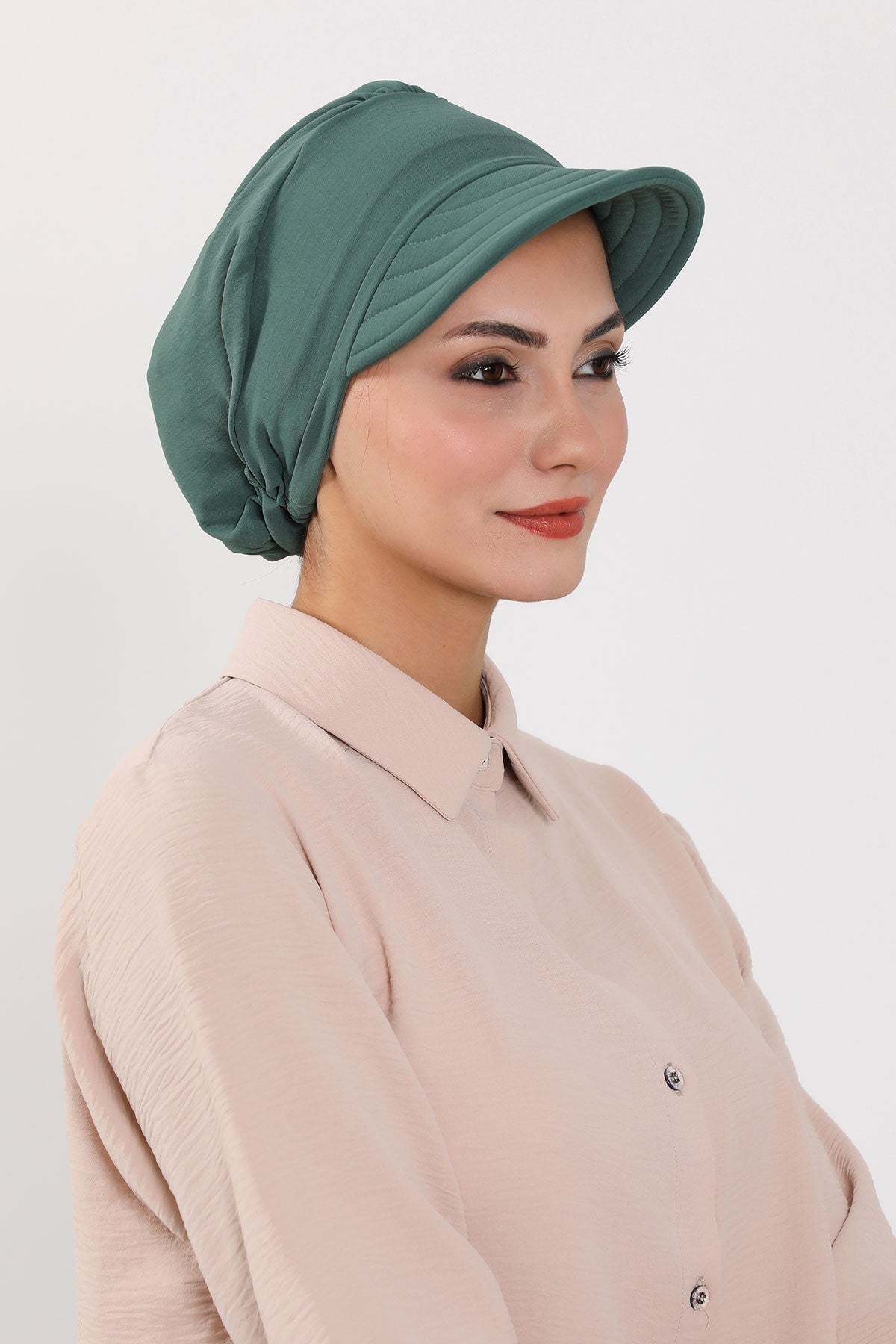 High Quality Newsboy Women Hat, Pre-Tied Turban made from High Quality Wrinkle-Resistant Aerobin Fabric, Visored Instant Turban Cover,B-73A Light Green