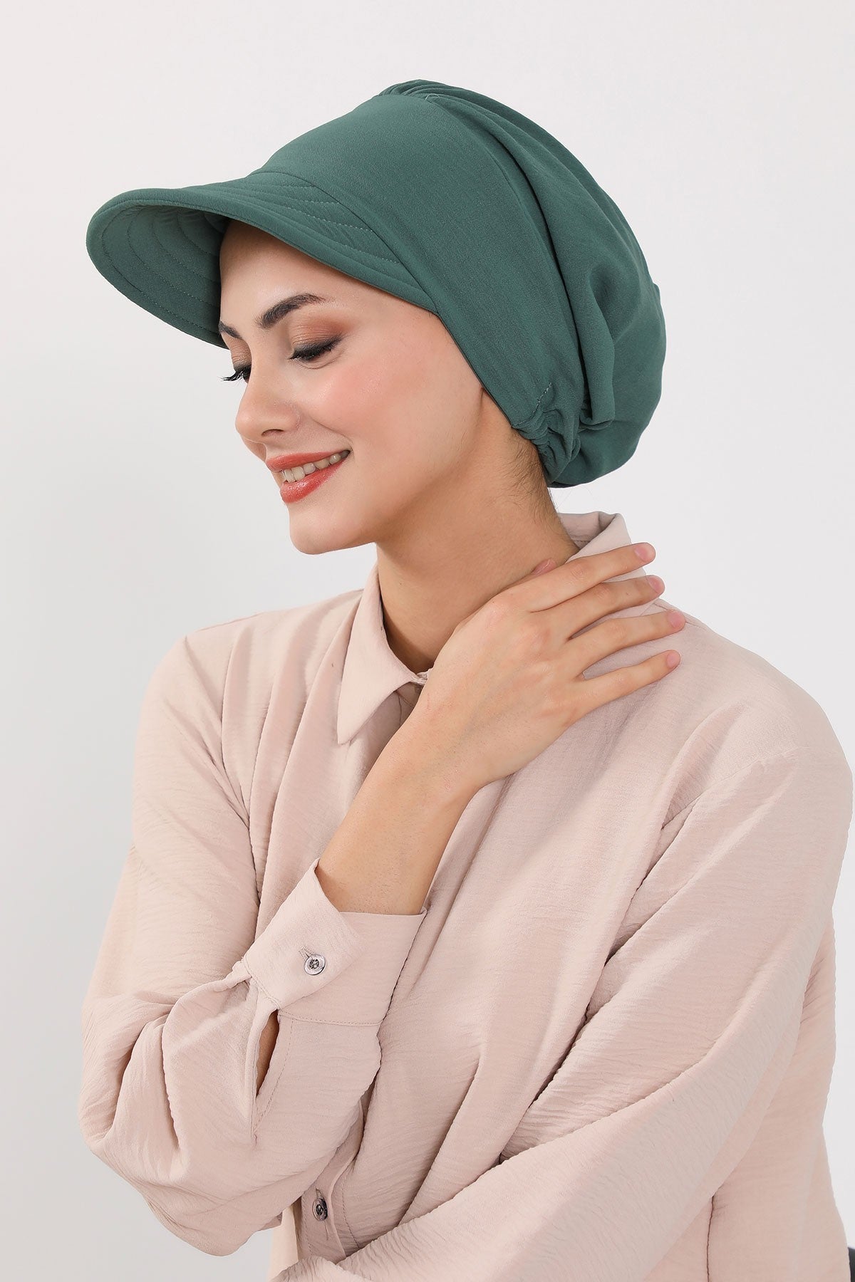 High Quality Newsboy Women Hat, Pre-Tied Turban made from High Quality Wrinkle-Resistant Aerobin Fabric, Visored Instant Turban Cover,B-73A Light Green