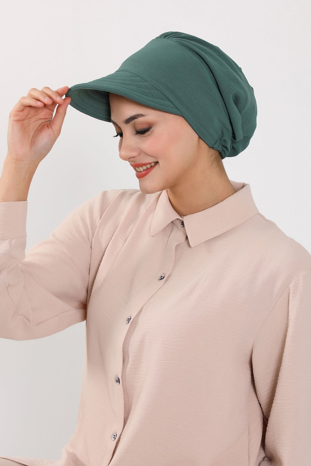 High Quality Newsboy Women Hat, Pre-Tied Turban made from High Quality Wrinkle-Resistant Aerobin Fabric, Visored Instant Turban Cover,B-73A Light Green