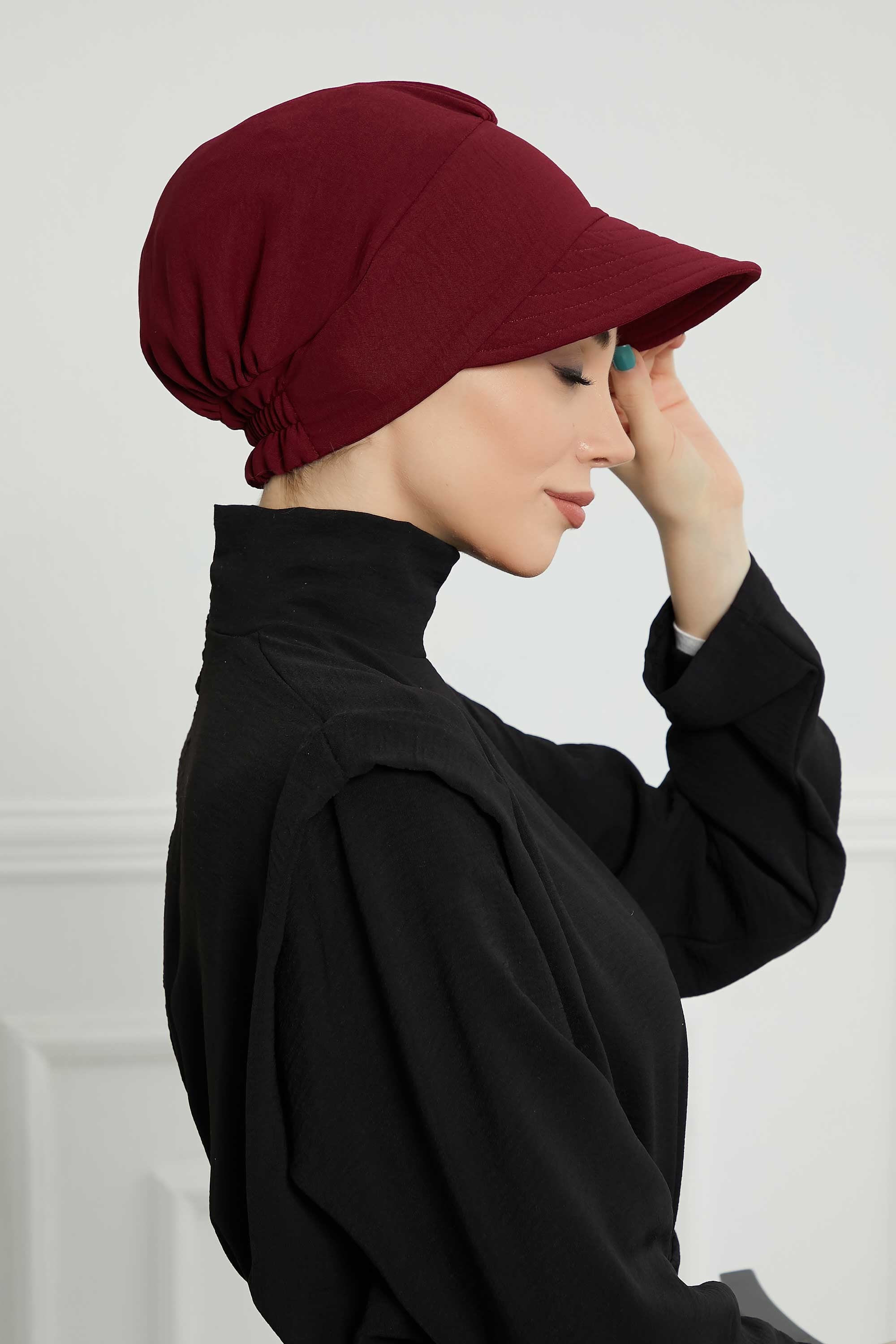High Quality Newsboy Women Hat, Pre-Tied Turban made from High Quality Wrinkle-Resistant Aerobin Fabric, Visored Instant Turban Cover,B-73A Maroon