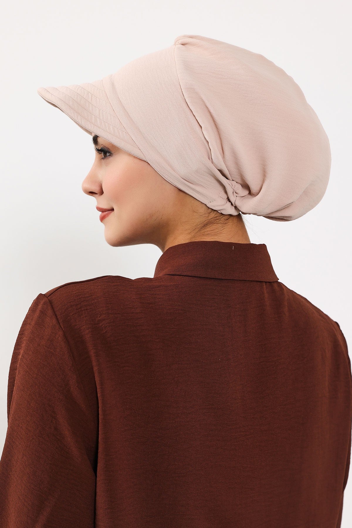 High Quality Newsboy Women Hat, Pre-Tied Turban made from High Quality Wrinkle-Resistant Aerobin Fabric, Visored Instant Turban Cover,B-73A Stone