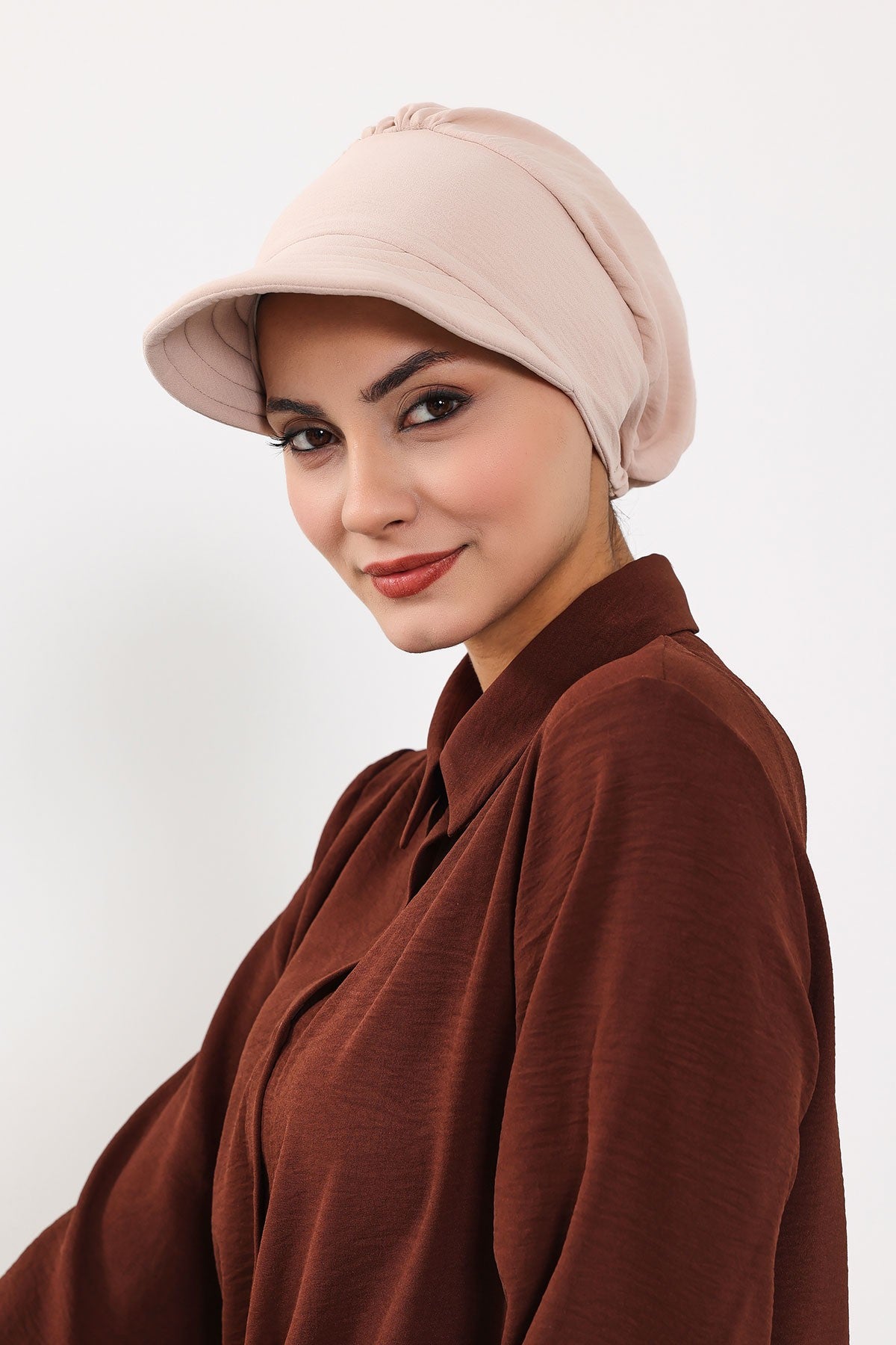High Quality Newsboy Women Hat, Pre-Tied Turban made from High Quality Wrinkle-Resistant Aerobin Fabric, Visored Instant Turban Cover,B-73A Stone