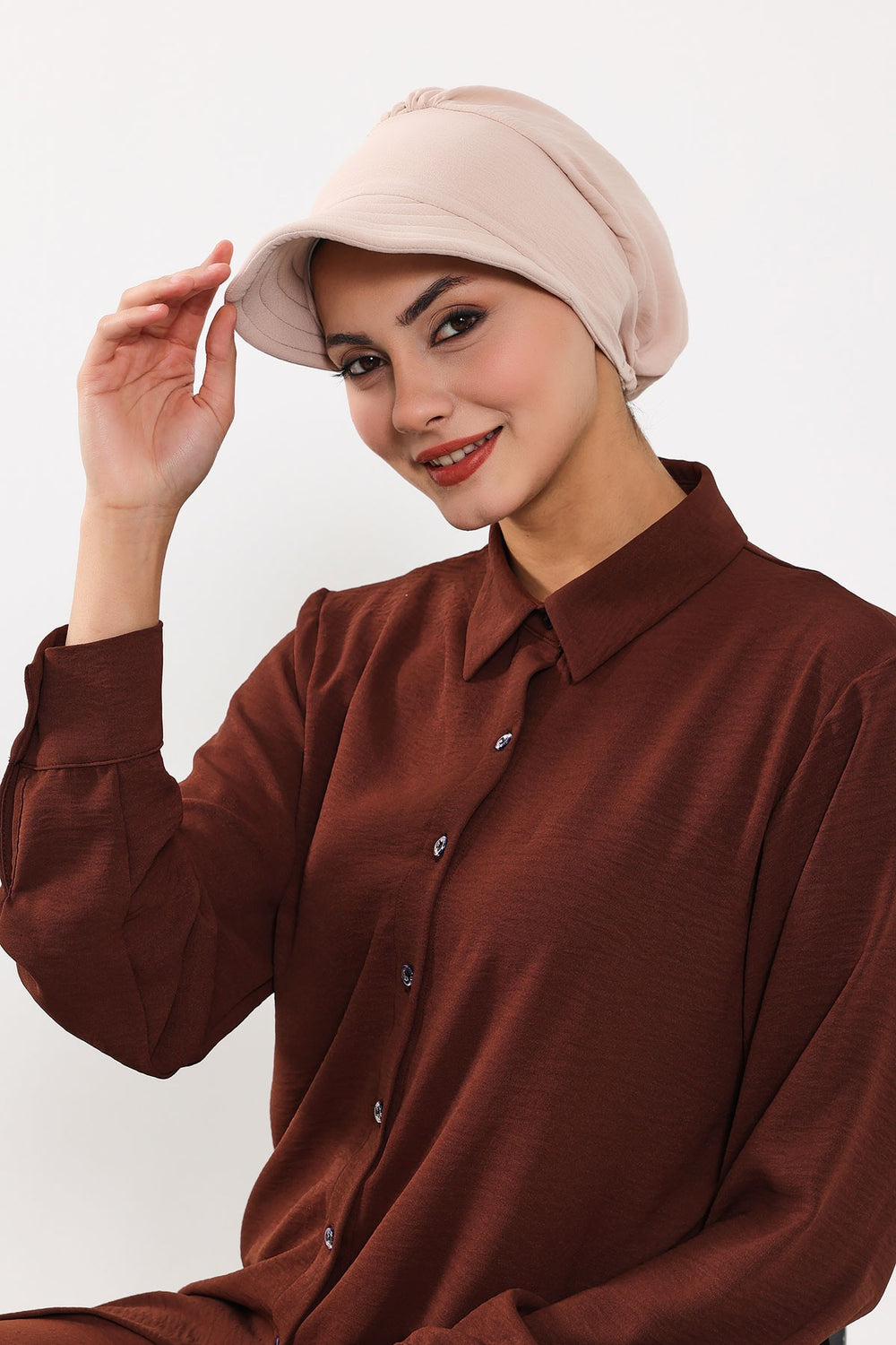 High Quality Newsboy Women Hat, Pre-Tied Turban made from High Quality Wrinkle-Resistant Aerobin Fabric, Visored Instant Turban Cover,B-73A Stone