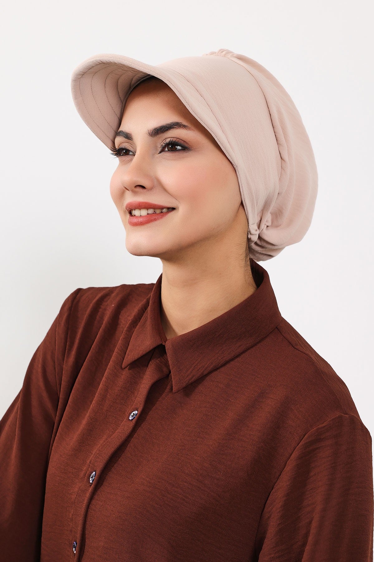 High Quality Newsboy Women Hat, Pre-Tied Turban made from High Quality Wrinkle-Resistant Aerobin Fabric, Visored Instant Turban Cover,B-73A Stone