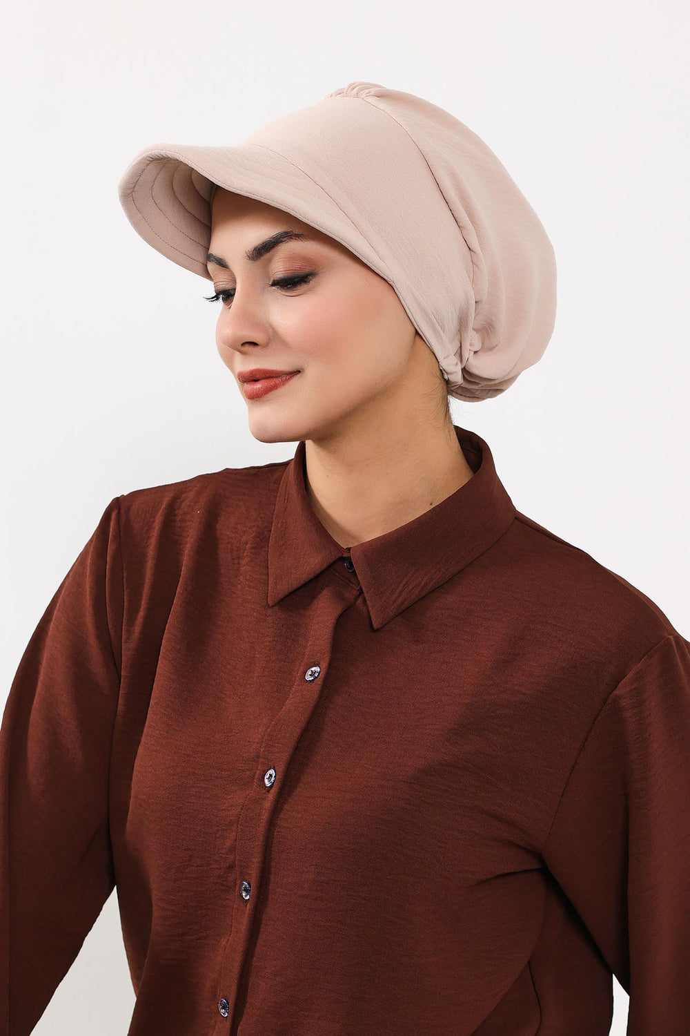 High Quality Newsboy Women Hat, Pre-Tied Turban made from High Quality Wrinkle-Resistant Aerobin Fabric, Visored Instant Turban Cover,B-73A Stone