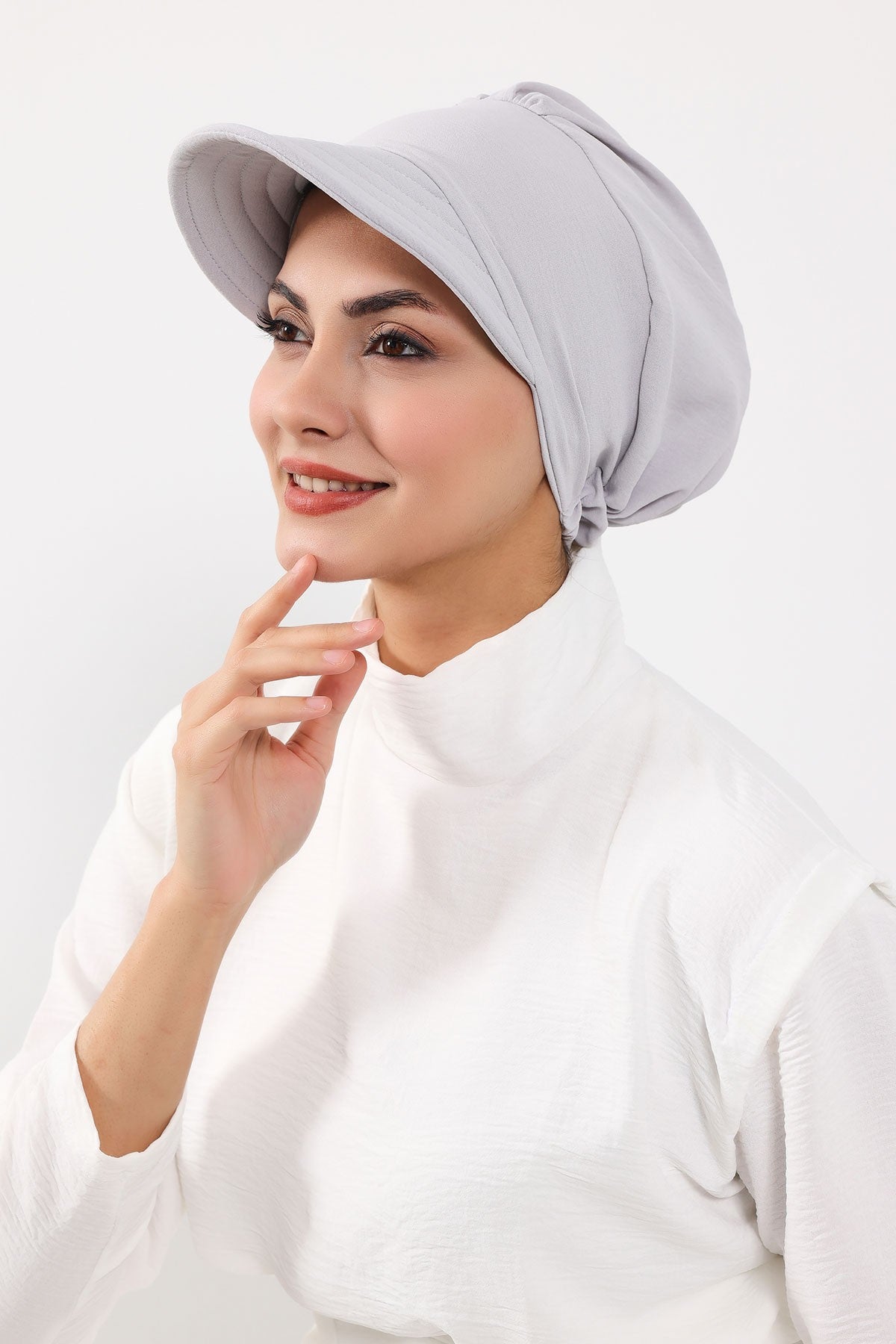High Quality Newsboy Women Hat, Pre-Tied Turban made from High Quality Wrinkle-Resistant Aerobin Fabric, Visored Instant Turban Cover,B-73A Light Grey