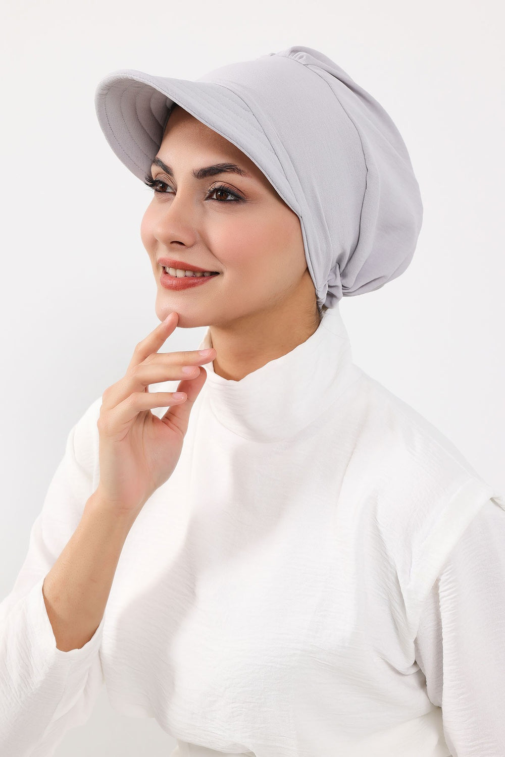 High Quality Newsboy Women Hat, Pre-Tied Turban made from High Quality Wrinkle-Resistant Aerobin Fabric, Visored Instant Turban Cover,B-73A Light Grey