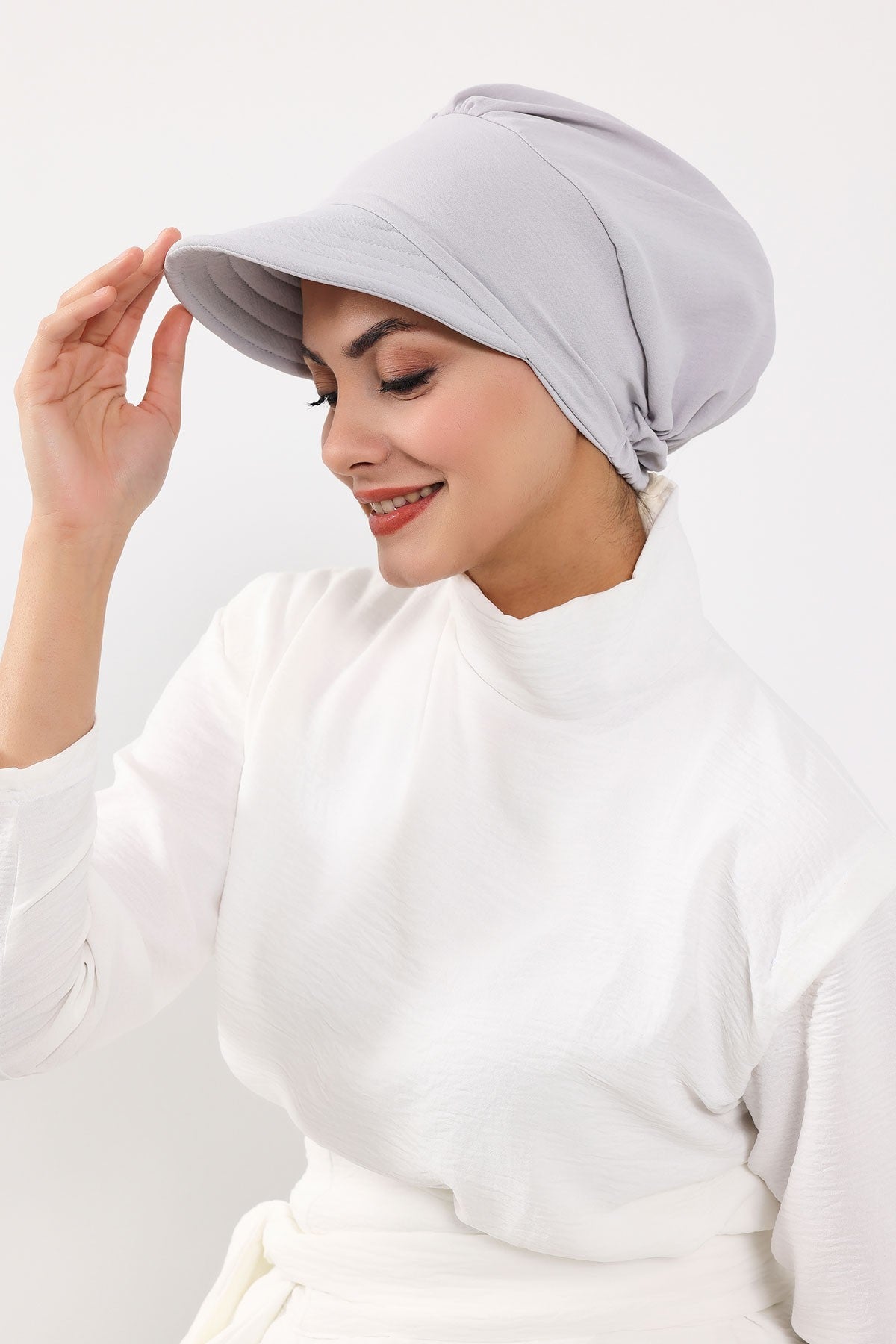 High Quality Newsboy Women Hat, Pre-Tied Turban made from High Quality Wrinkle-Resistant Aerobin Fabric, Visored Instant Turban Cover,B-73A Light Grey