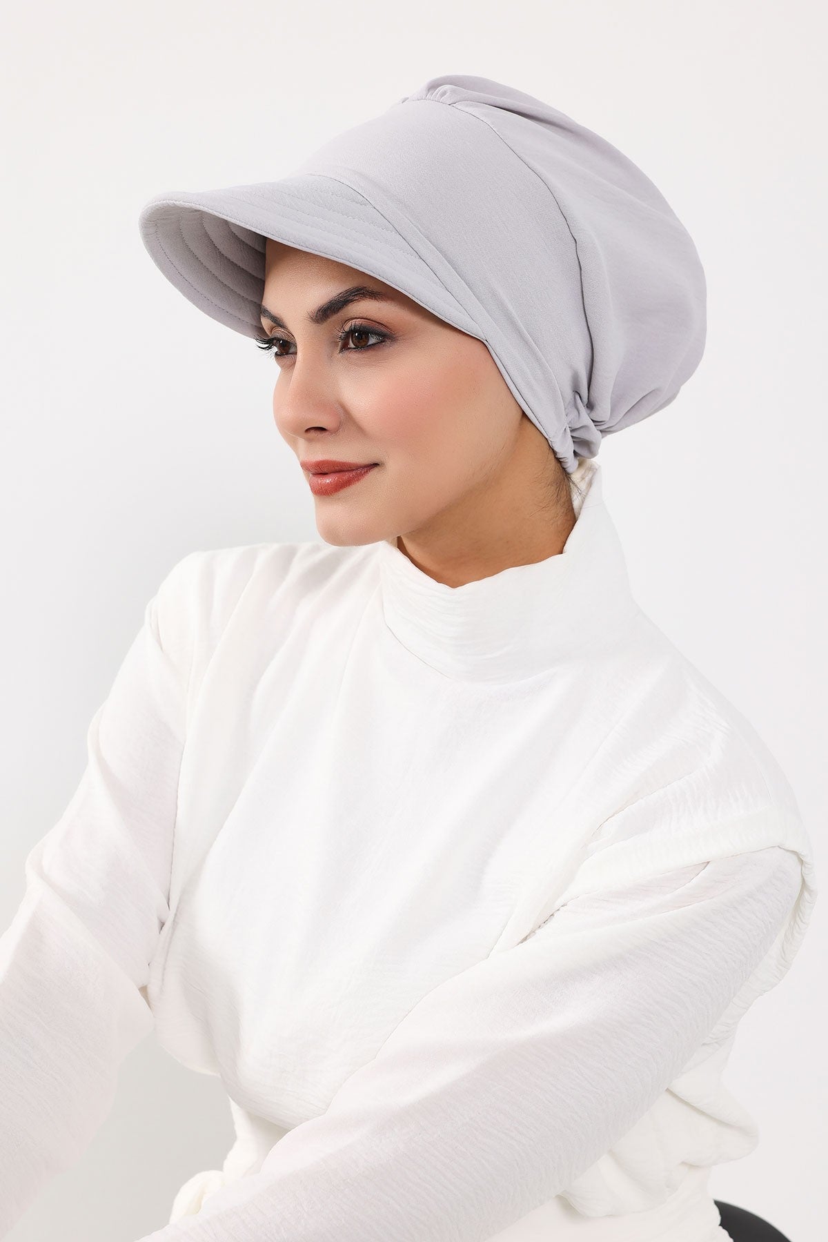 High Quality Newsboy Women Hat, Pre-Tied Turban made from High Quality Wrinkle-Resistant Aerobin Fabric, Visored Instant Turban Cover,B-73A Light Grey