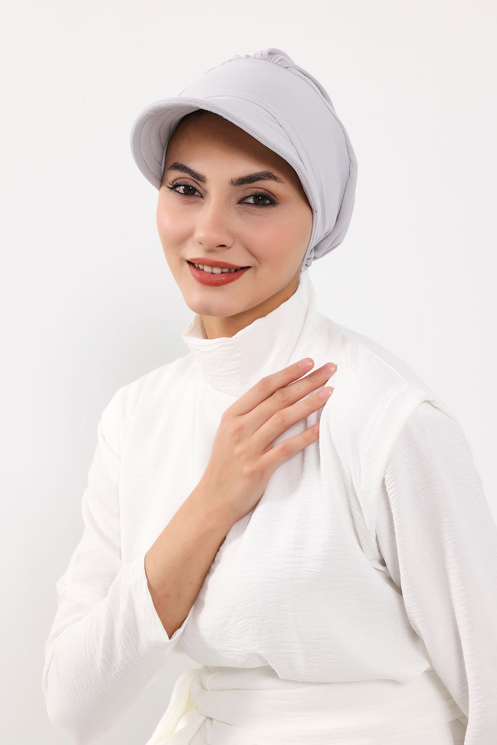 High Quality Newsboy Women Hat, Pre-Tied Turban made from High Quality Wrinkle-Resistant Aerobin Fabric, Visored Instant Turban Cover,B-73A Light Grey