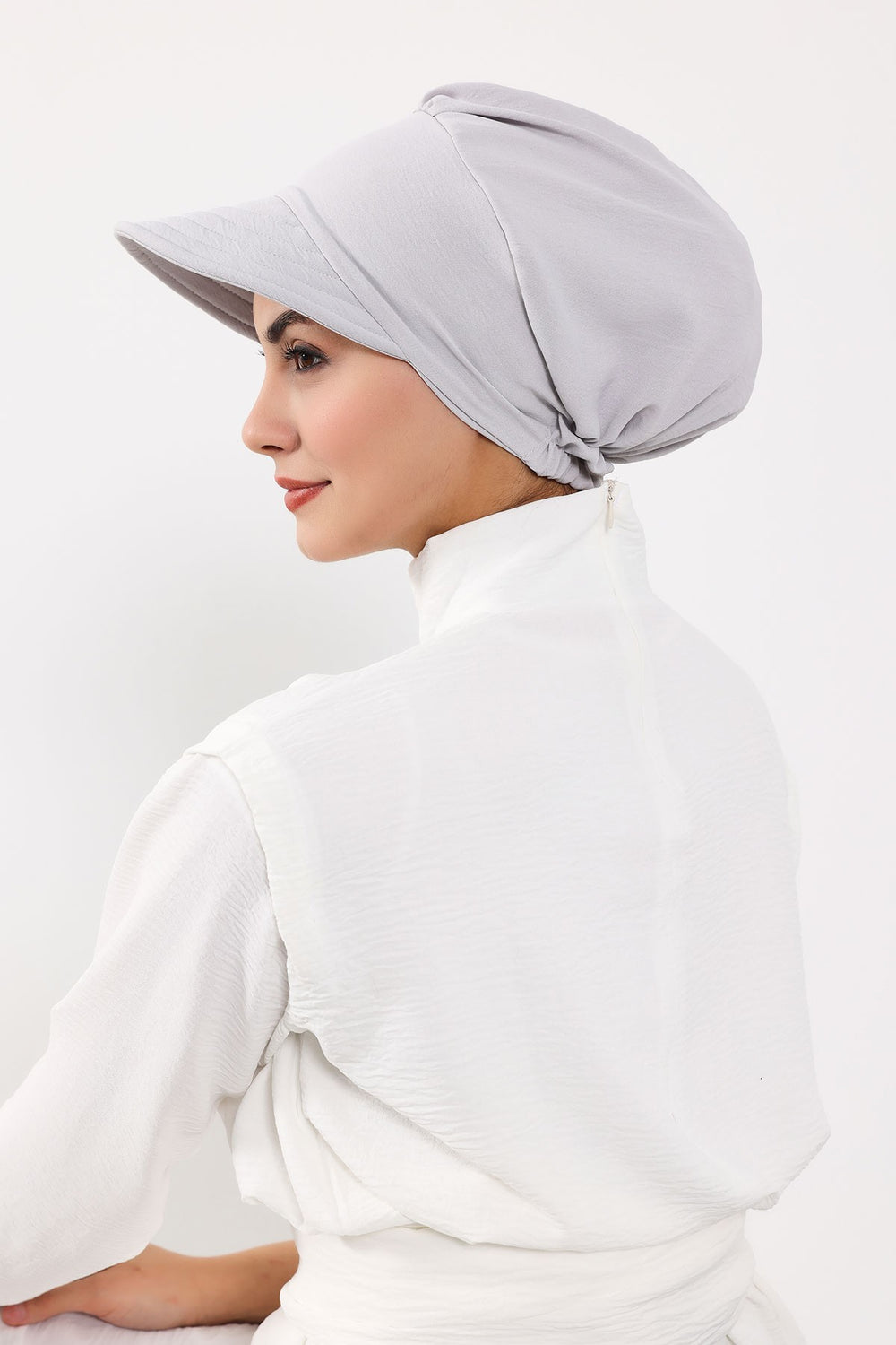 High Quality Newsboy Women Hat, Pre-Tied Turban made from High Quality Wrinkle-Resistant Aerobin Fabric, Visored Instant Turban Cover,B-73A Light Grey