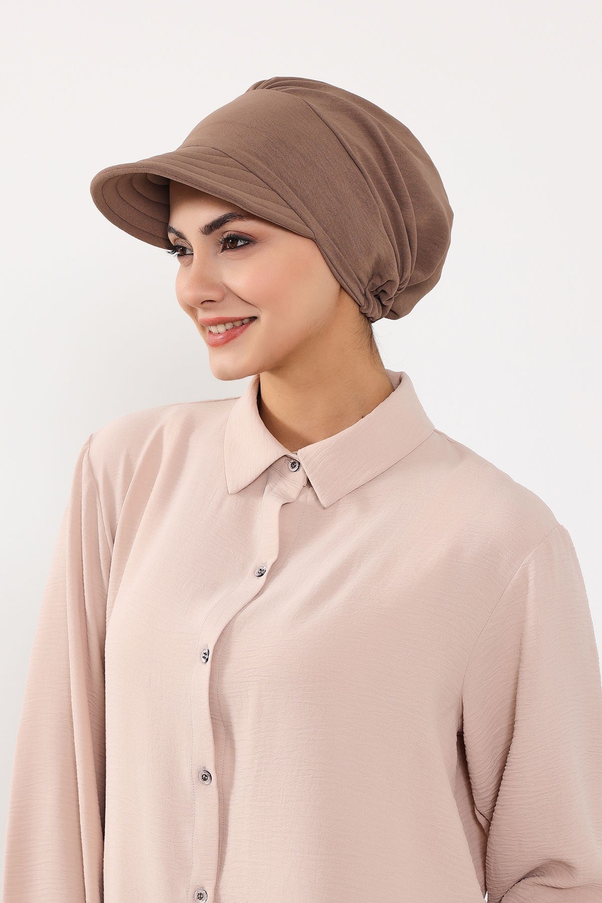 High Quality Newsboy Women Hat, Pre-Tied Turban made from High Quality Wrinkle-Resistant Aerobin Fabric, Visored Instant Turban Cover,B-73A Chocolate