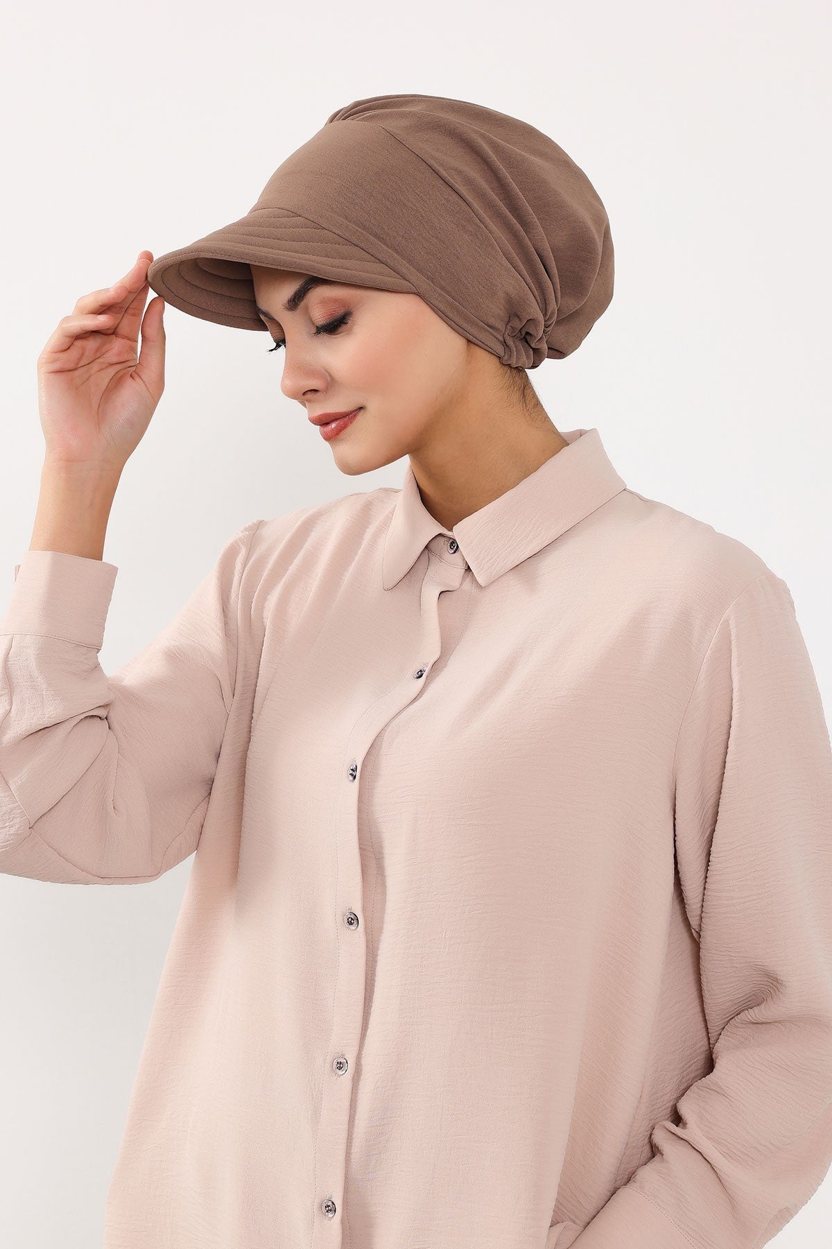 High Quality Newsboy Women Hat, Pre-Tied Turban made from High Quality Wrinkle-Resistant Aerobin Fabric, Visored Instant Turban Cover,B-73A Chocolate