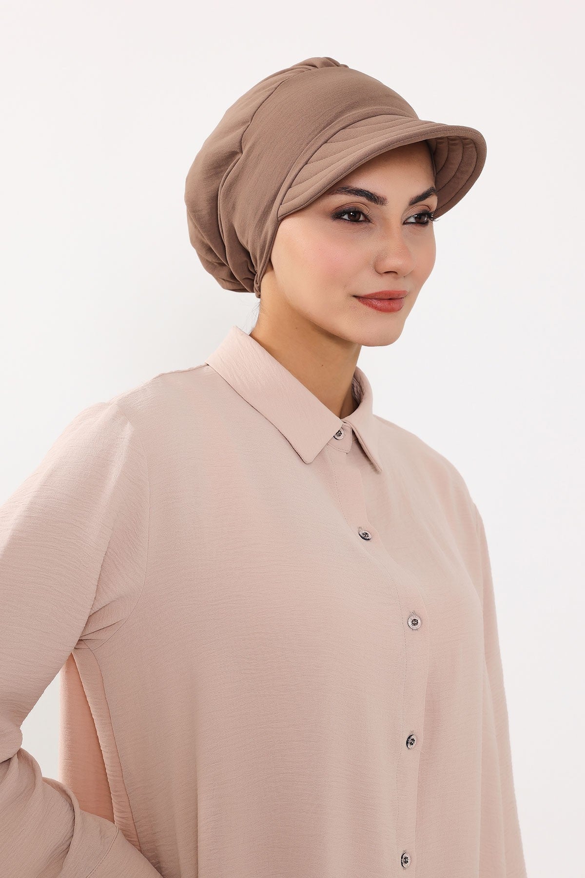 High Quality Newsboy Women Hat, Pre-Tied Turban made from High Quality Wrinkle-Resistant Aerobin Fabric, Visored Instant Turban Cover,B-73A Chocolate