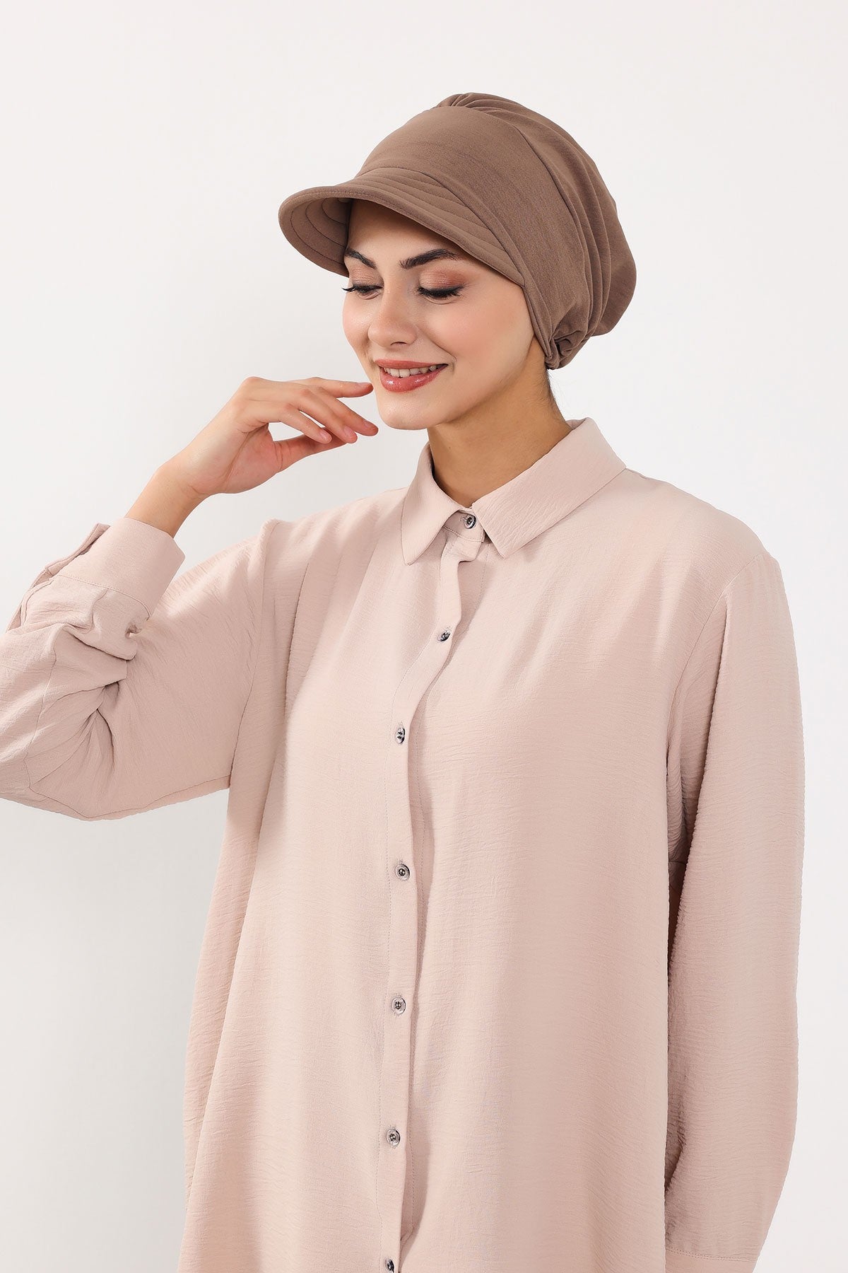 High Quality Newsboy Women Hat, Pre-Tied Turban made from High Quality Wrinkle-Resistant Aerobin Fabric, Visored Instant Turban Cover,B-73A Chocolate