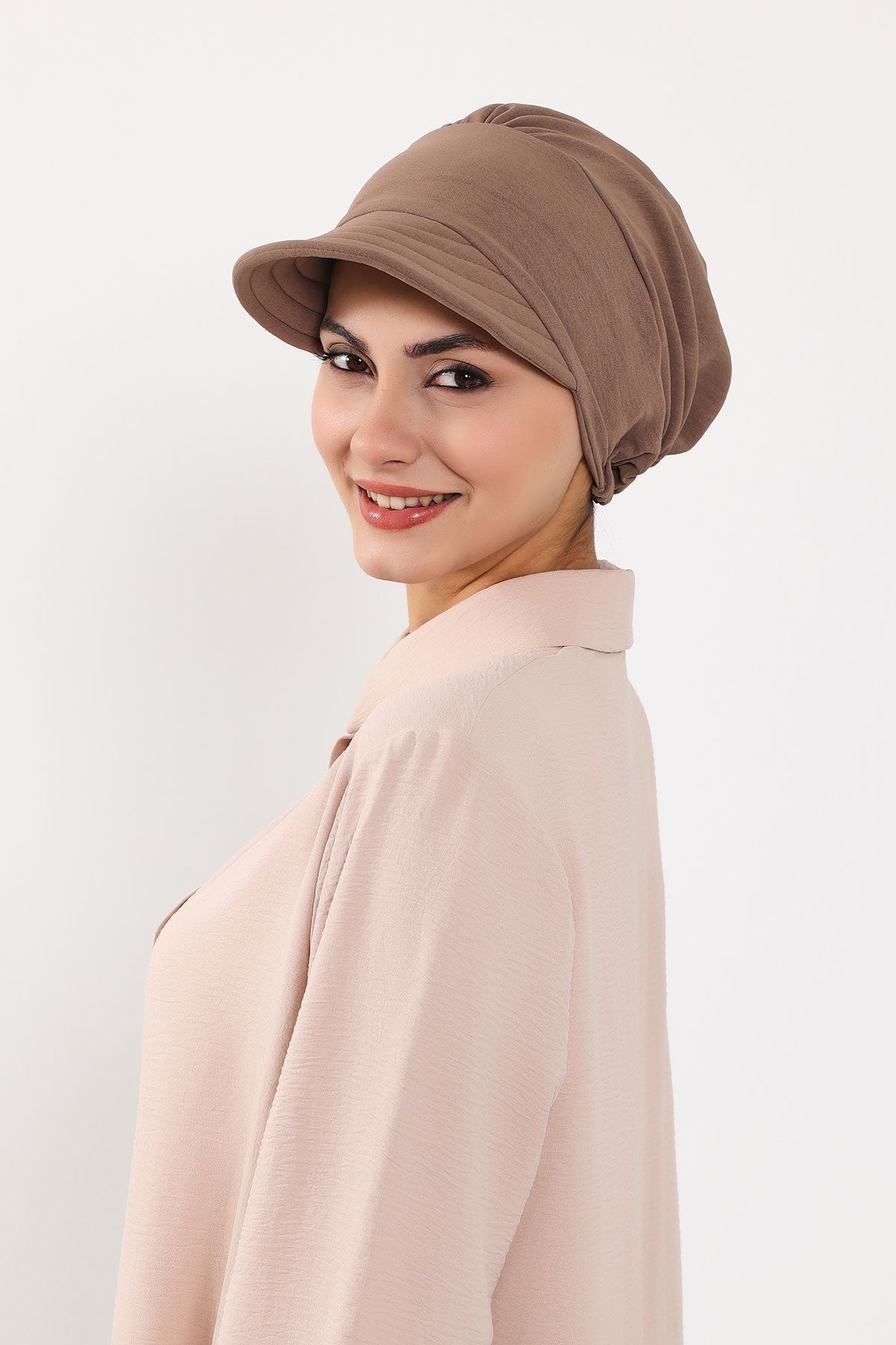 High Quality Newsboy Women Hat, Pre-Tied Turban made from High Quality Wrinkle-Resistant Aerobin Fabric, Visored Instant Turban Cover,B-73A Chocolate