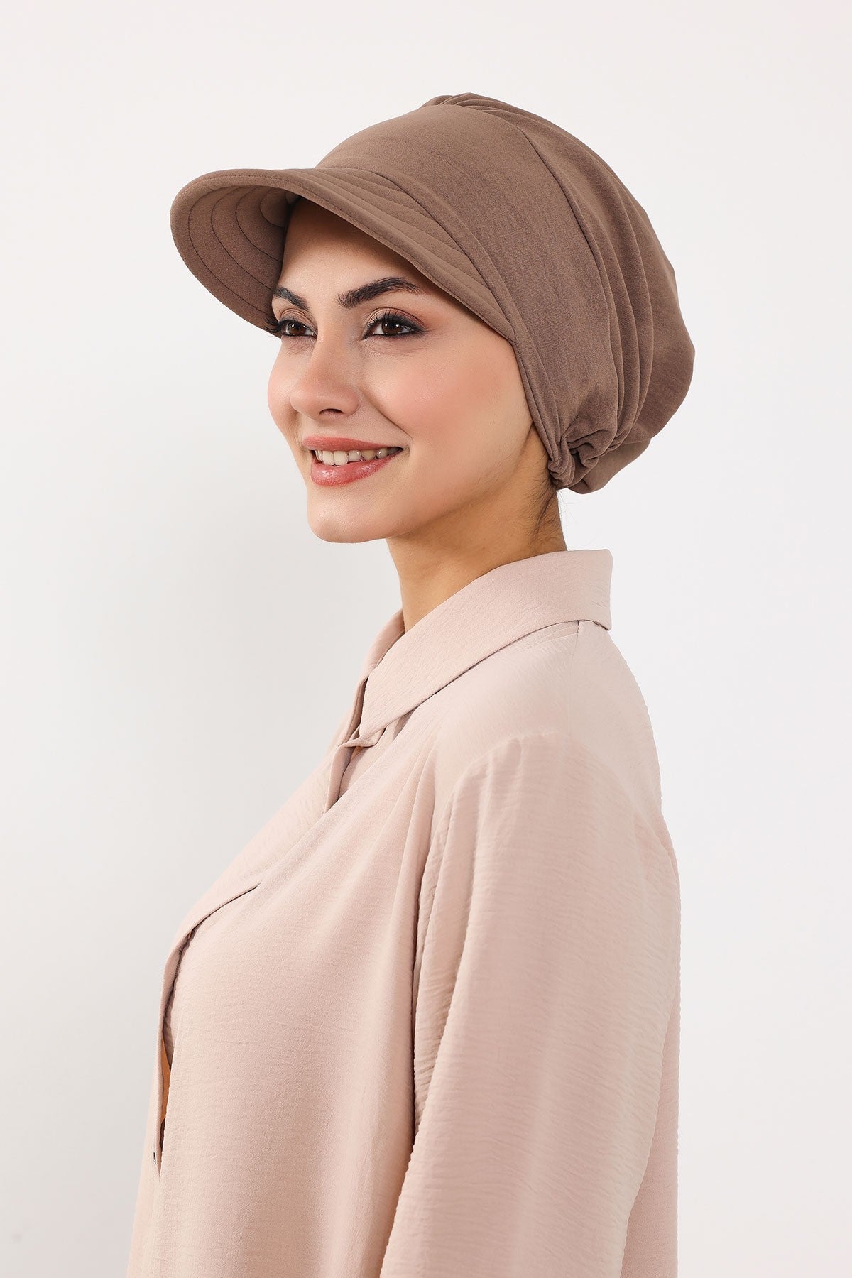 High Quality Newsboy Women Hat, Pre-Tied Turban made from High Quality Wrinkle-Resistant Aerobin Fabric, Visored Instant Turban Cover,B-73A Chocolate