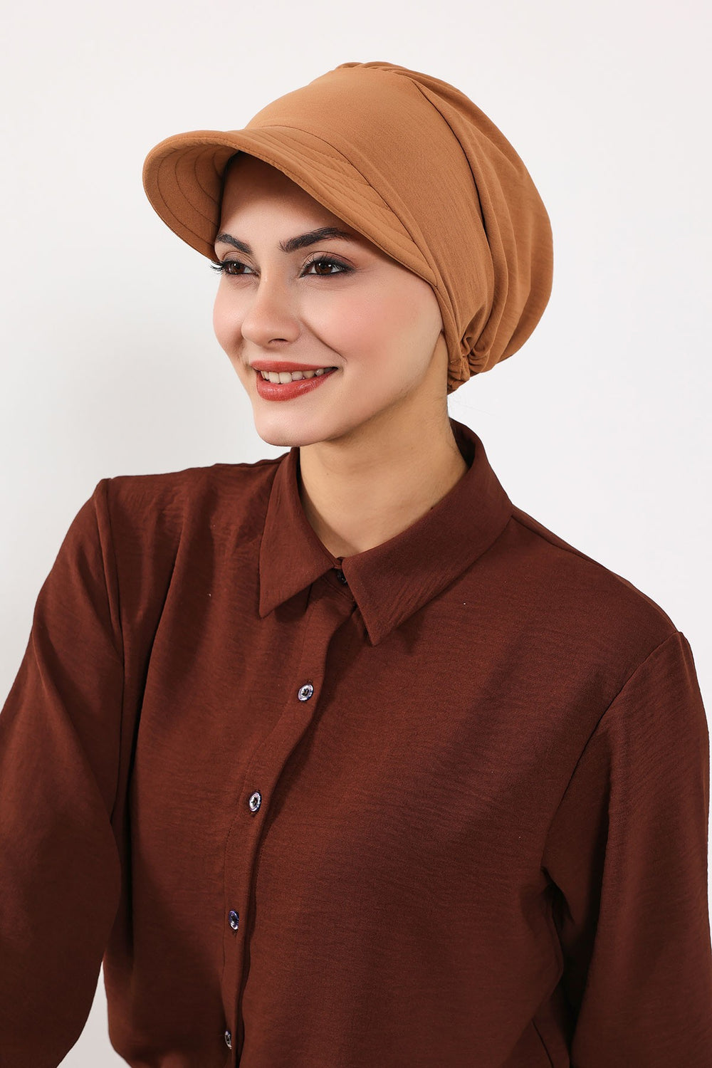 High Quality Newsboy Women Hat, Pre-Tied Turban made from High Quality Wrinkle-Resistant Aerobin Fabric, Visored Instant Turban Cover,B-73A Camel