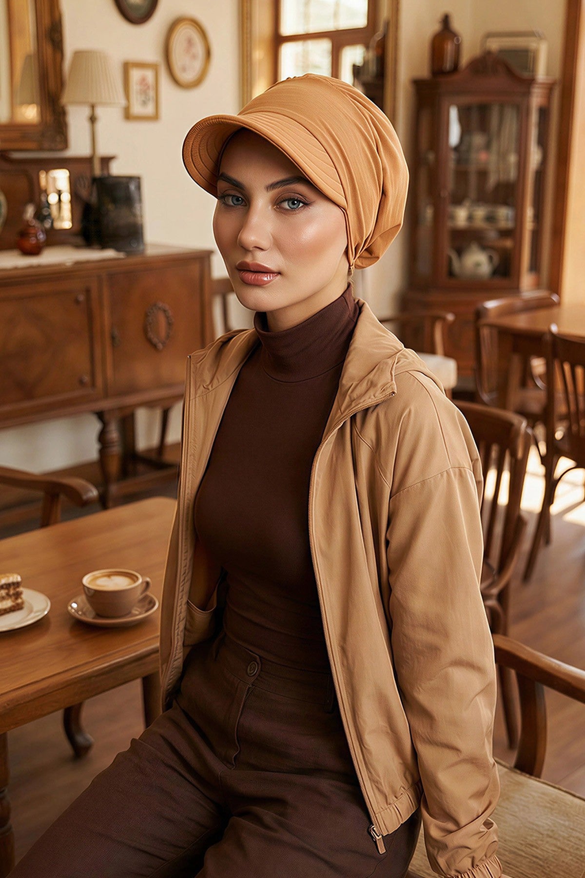 High Quality Newsboy Women Hat, Pre-Tied Turban made from High Quality Wrinkle-Resistant Aerobin Fabric, Visored Instant Turban Cover,B-73A Camel