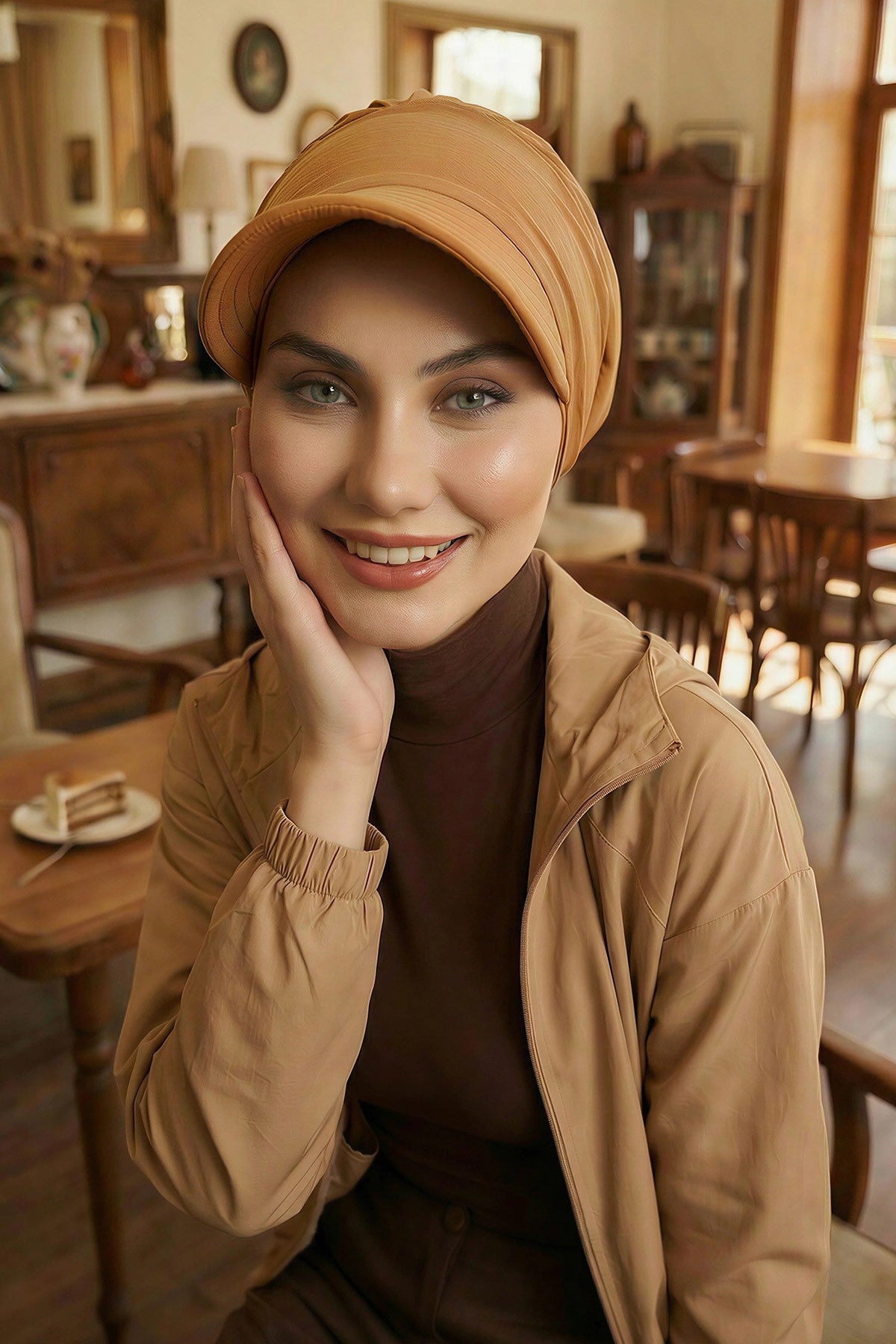 High Quality Newsboy Women Hat, Pre-Tied Turban made from High Quality Wrinkle-Resistant Aerobin Fabric, Visored Instant Turban Cover,B-73A Camel