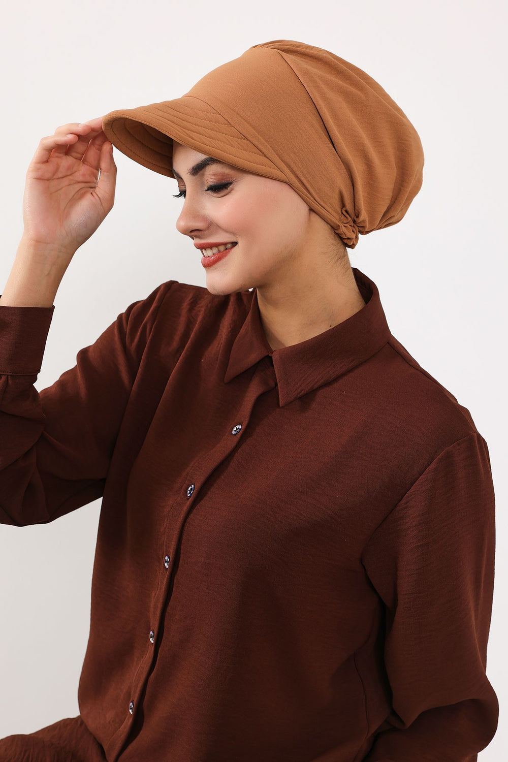 High Quality Newsboy Women Hat, Pre-Tied Turban made from High Quality Wrinkle-Resistant Aerobin Fabric, Visored Instant Turban Cover,B-73A Camel