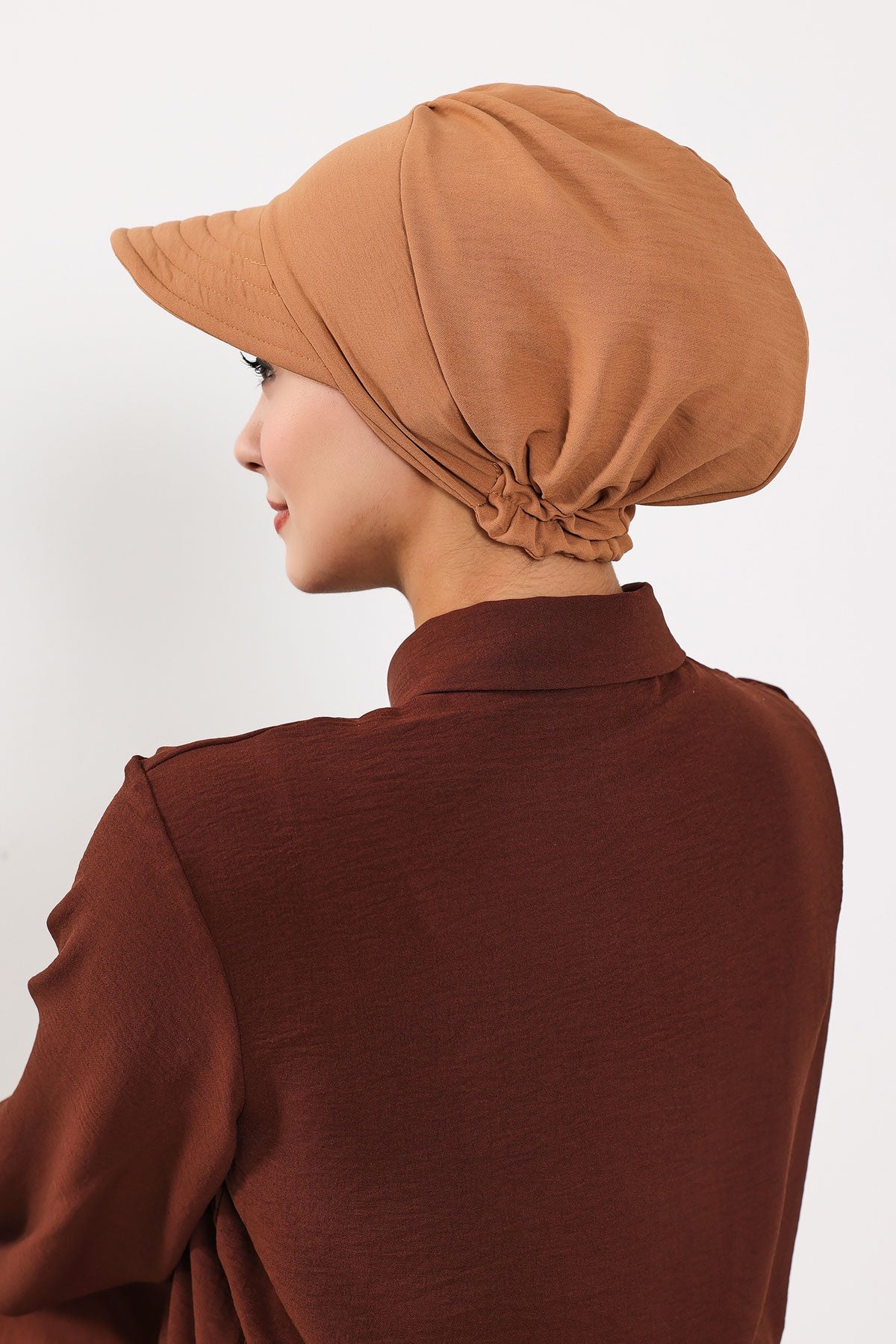 High Quality Newsboy Women Hat, Pre-Tied Turban made from High Quality Wrinkle-Resistant Aerobin Fabric, Visored Instant Turban Cover,B-73A Camel