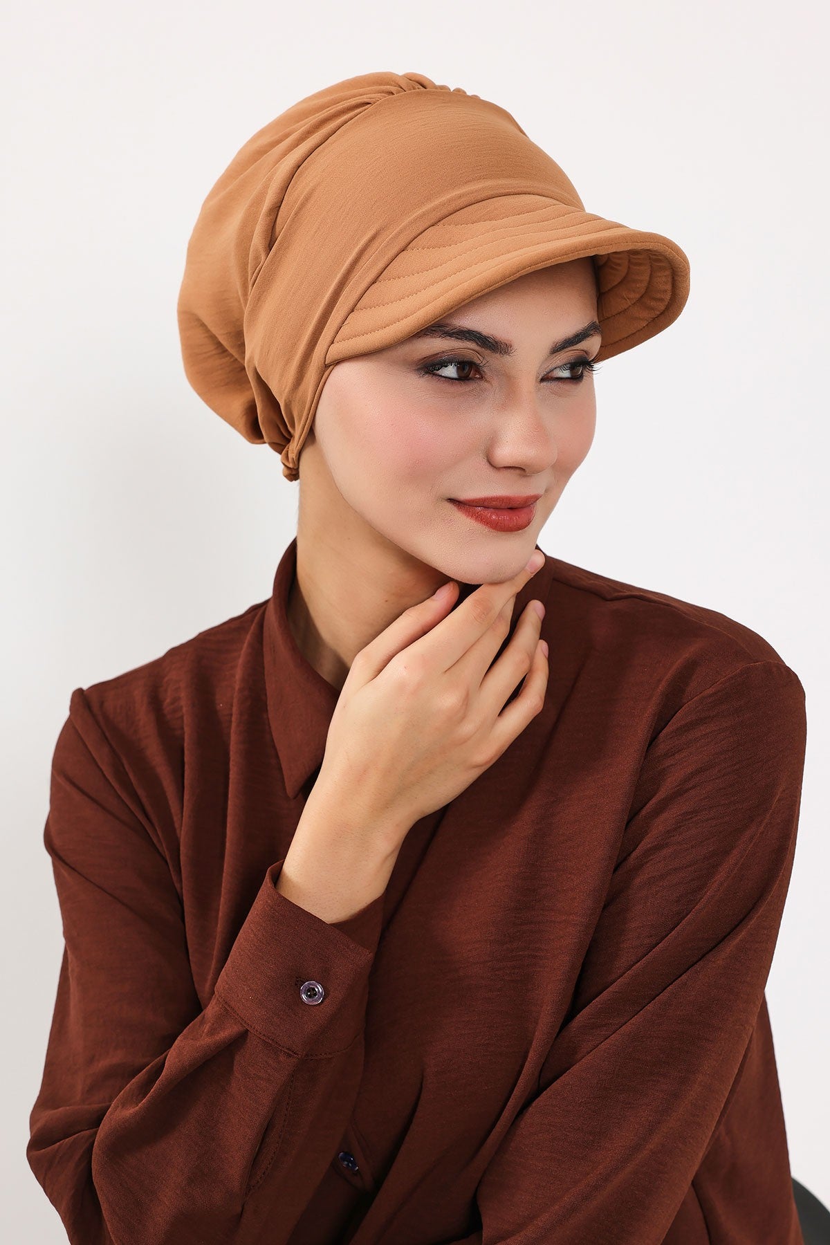 High Quality Newsboy Women Hat, Pre-Tied Turban made from High Quality Wrinkle-Resistant Aerobin Fabric, Visored Instant Turban Cover,B-73A Camel