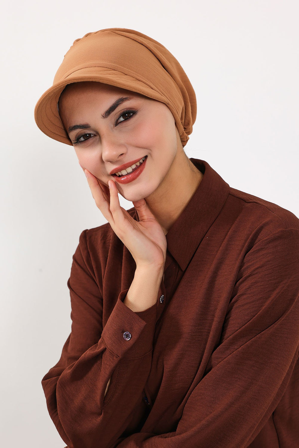 High Quality Newsboy Women Hat, Pre-Tied Turban made from High Quality Wrinkle-Resistant Aerobin Fabric, Visored Instant Turban Cover,B-73A Camel