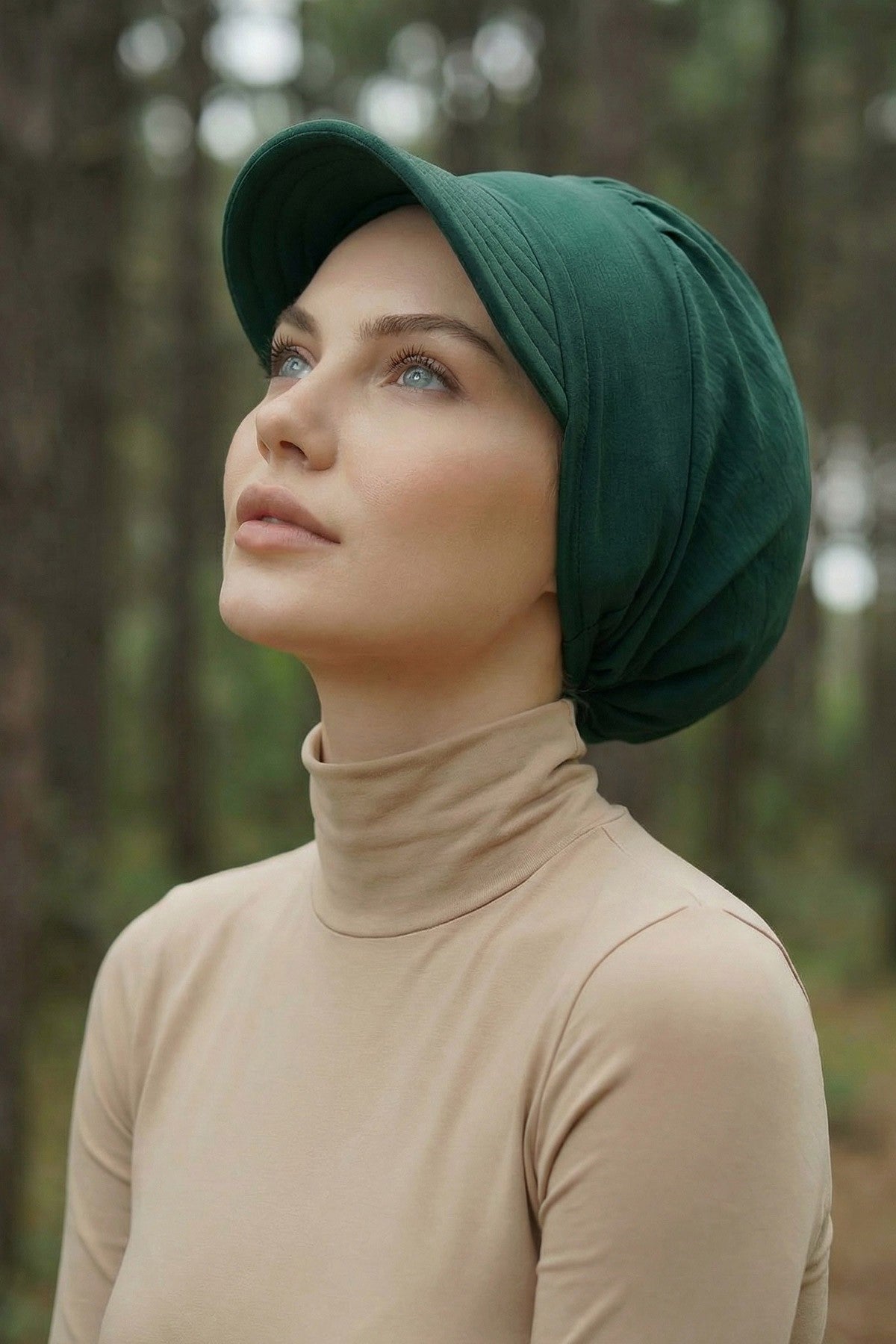 High Quality Newsboy Women Hat, Pre-Tied Turban made from High Quality Wrinkle-Resistant Aerobin Fabric, Visored Instant Turban Cover,B-73A Dark Green