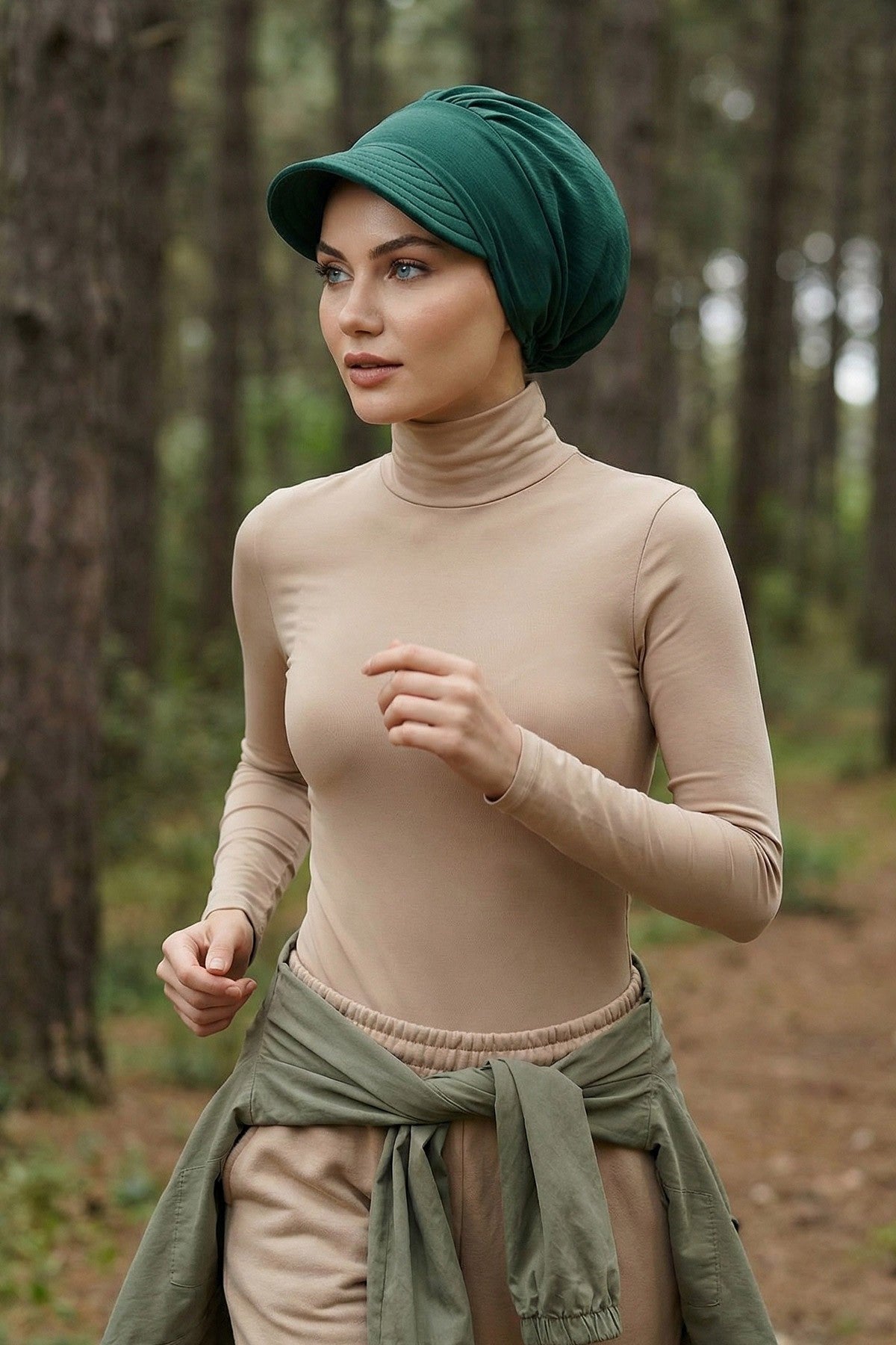 High Quality Newsboy Women Hat, Pre-Tied Turban made from High Quality Wrinkle-Resistant Aerobin Fabric, Visored Instant Turban Cover,B-73A Dark Green