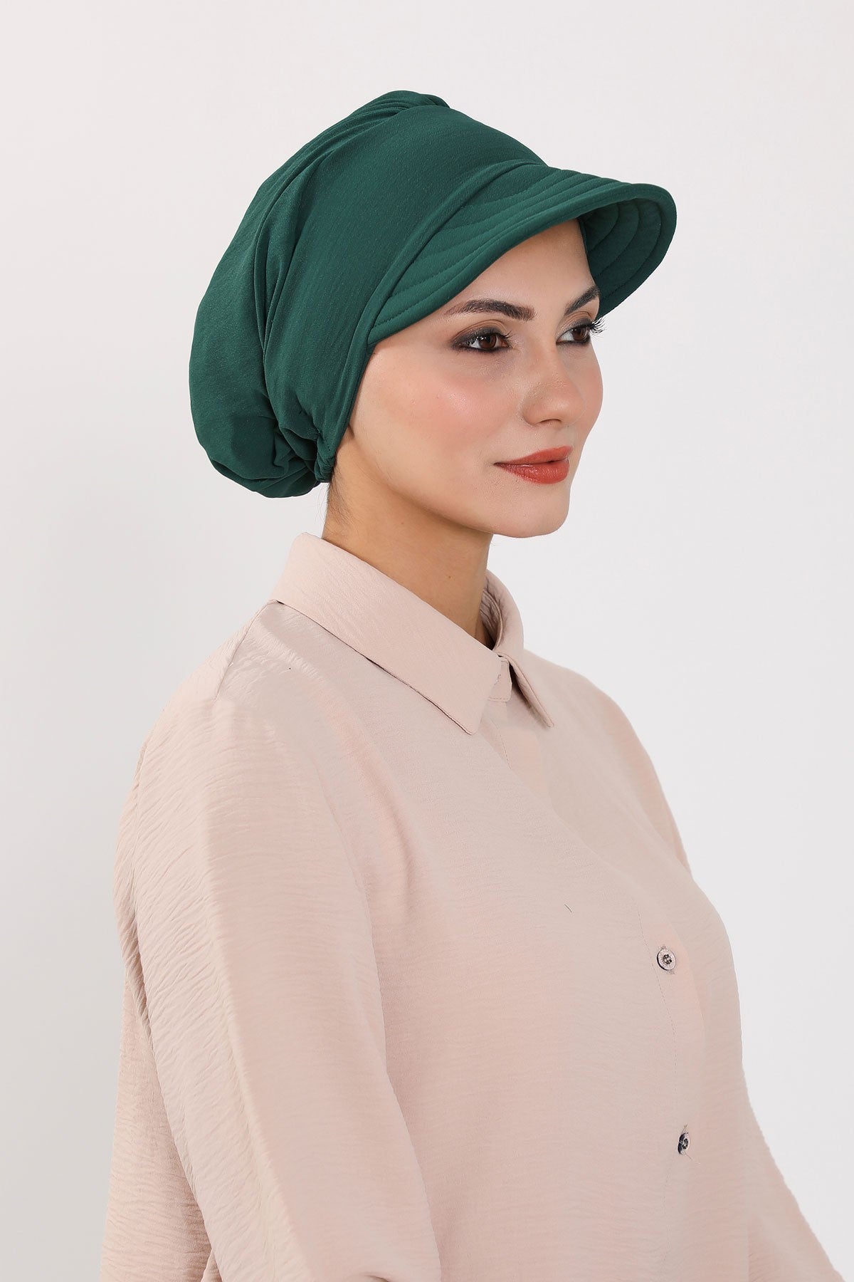 High Quality Newsboy Women Hat, Pre-Tied Turban made from High Quality Wrinkle-Resistant Aerobin Fabric, Visored Instant Turban Cover,B-73A Dark Green