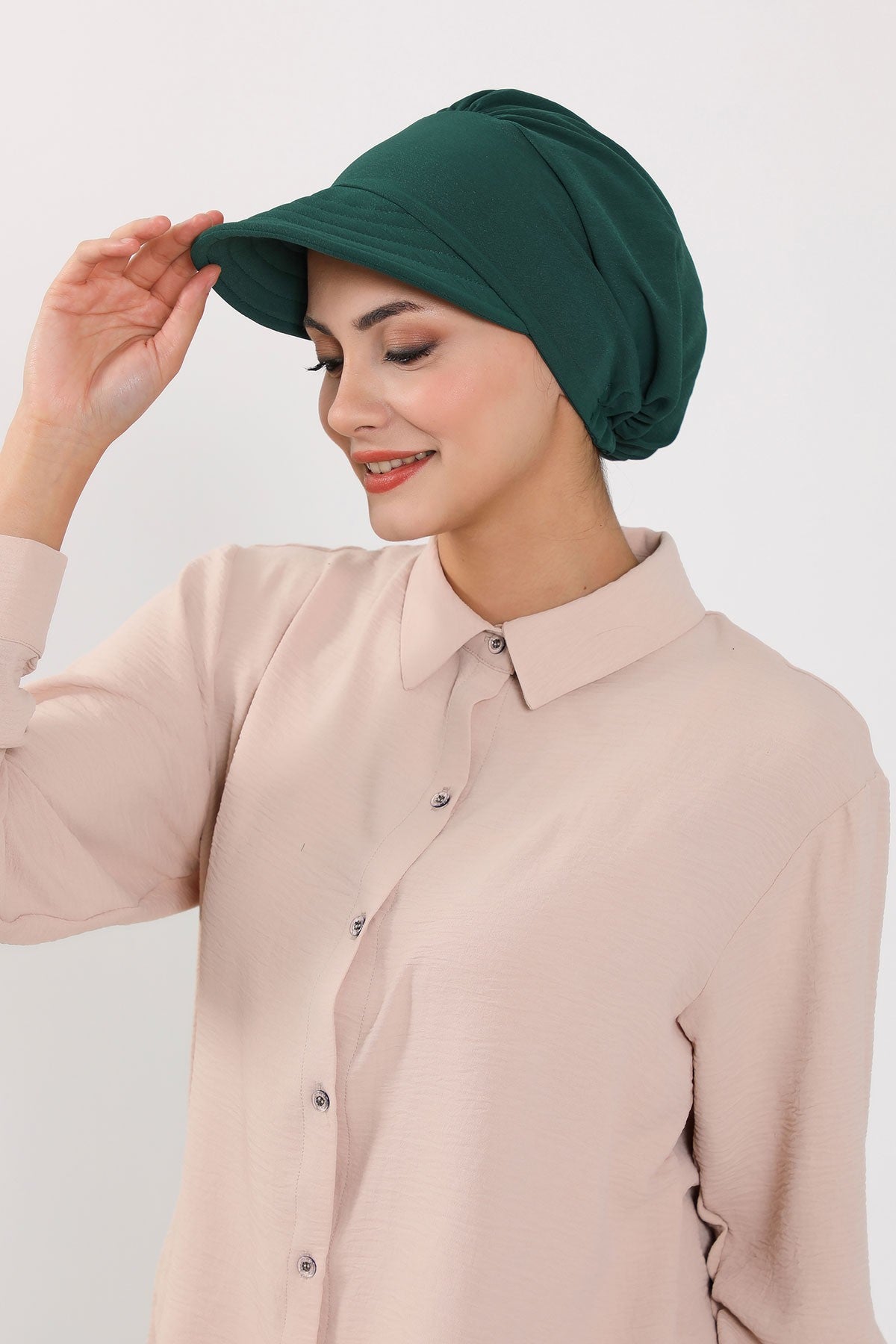 High Quality Newsboy Women Hat, Pre-Tied Turban made from High Quality Wrinkle-Resistant Aerobin Fabric, Visored Instant Turban Cover,B-73A Dark Green