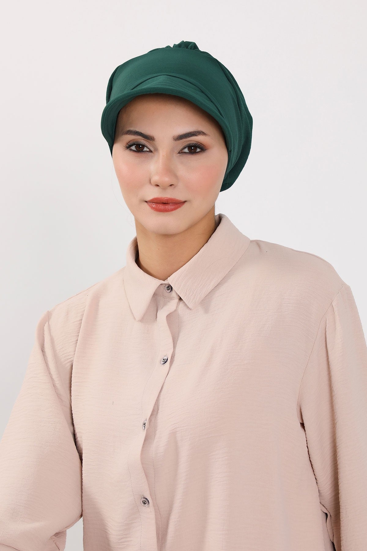 High Quality Newsboy Women Hat, Pre-Tied Turban made from High Quality Wrinkle-Resistant Aerobin Fabric, Visored Instant Turban Cover,B-73A Dark Green