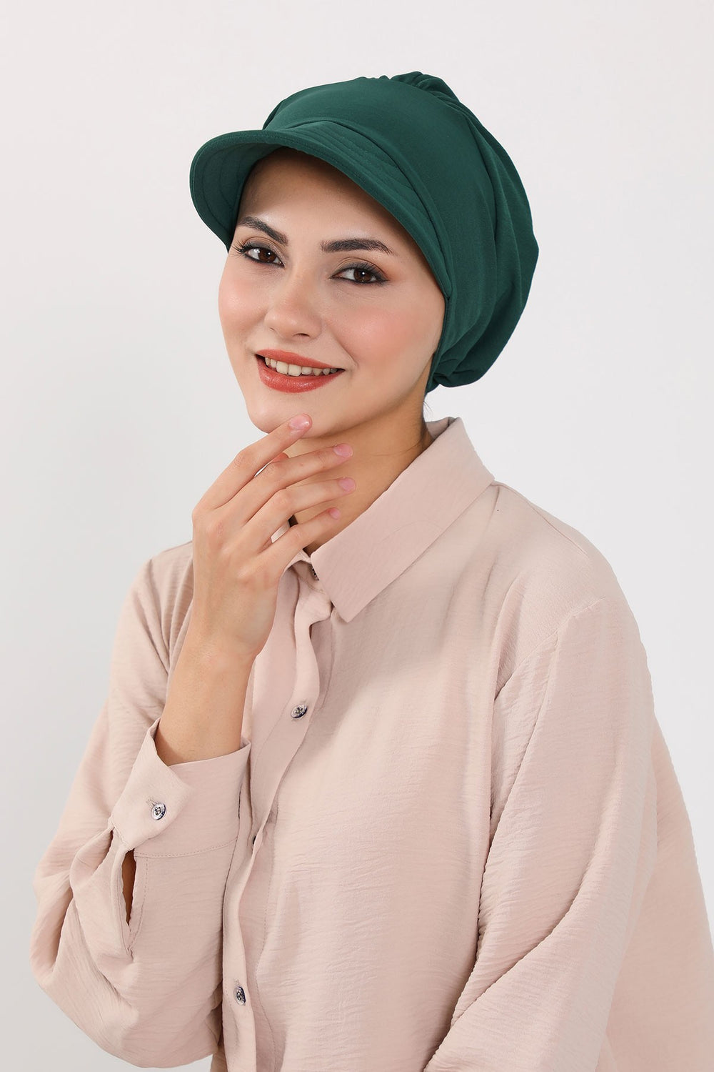 High Quality Newsboy Women Hat, Pre-Tied Turban made from High Quality Wrinkle-Resistant Aerobin Fabric, Visored Instant Turban Cover,B-73A Dark Green